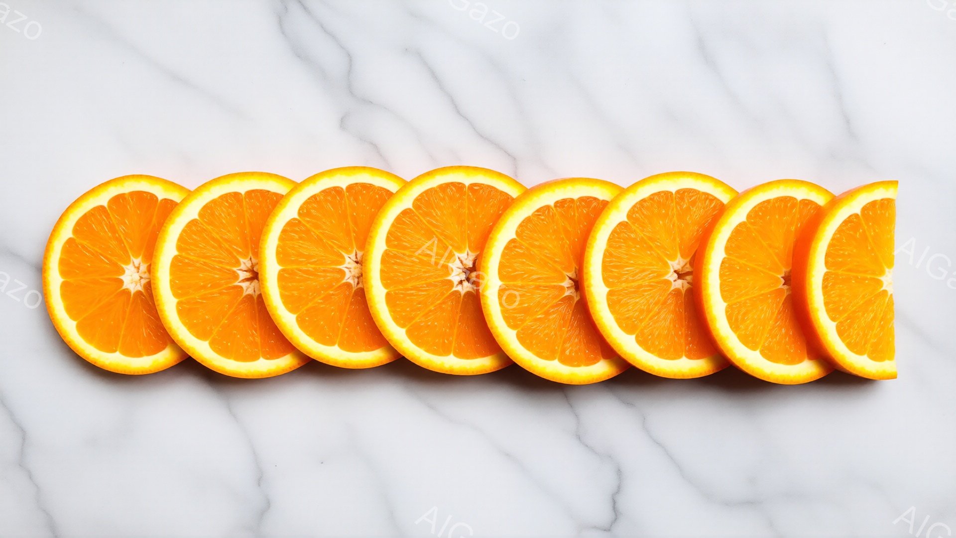 オレンジのスライスが、大理石のような白い背景の上に横一列に並べられています。オレンジの果肉は鮮やかなオレンジ色で、種子が見えるものもあります。全体的に明るく、爽やかな印象を与える静物画です。 - AI生成フリー素材