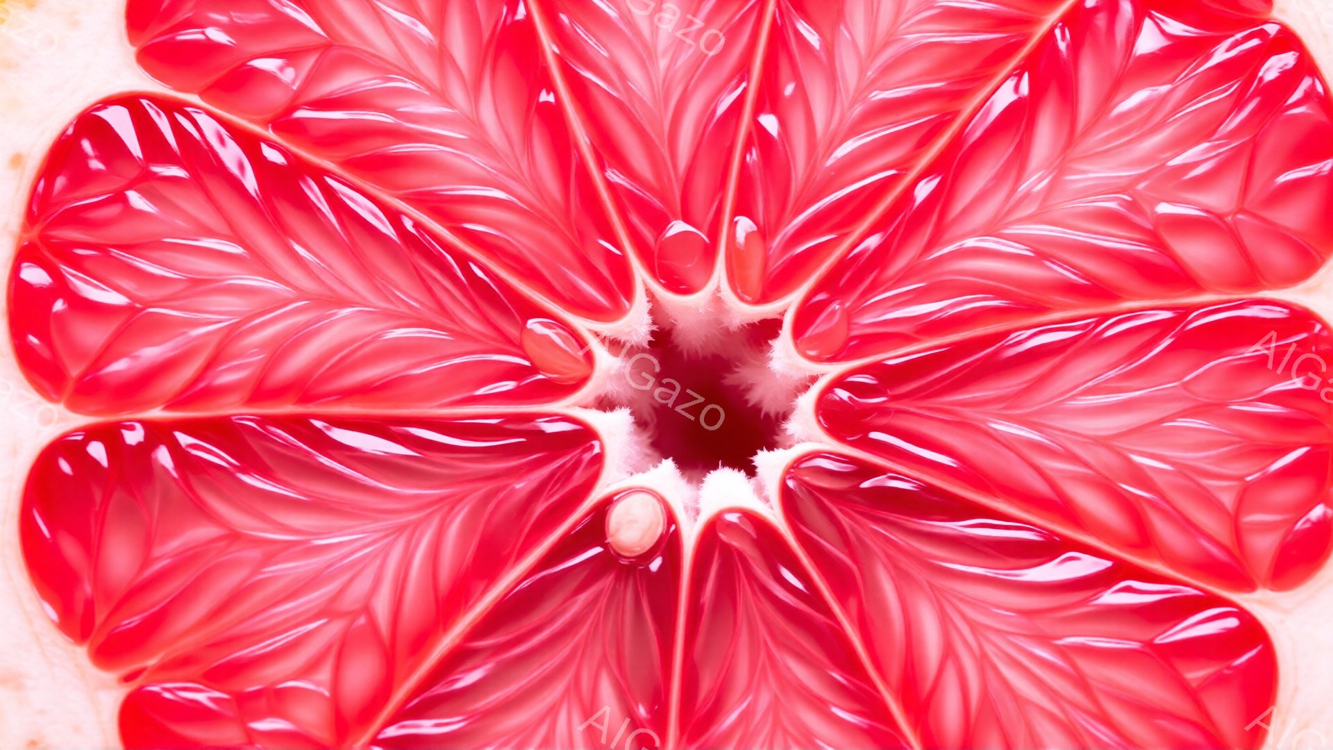 画像は、鮮やかな赤色のグレープフルーツの断面を極端にクローズアップしたものです。果肉は放射状に配置され、光沢があり、水分をたっぷり含んでいるように見えます。中心部はより暗く、種子のようなものが点在しており、全体的に生き生きとしたフレッシュな印象を与えます。