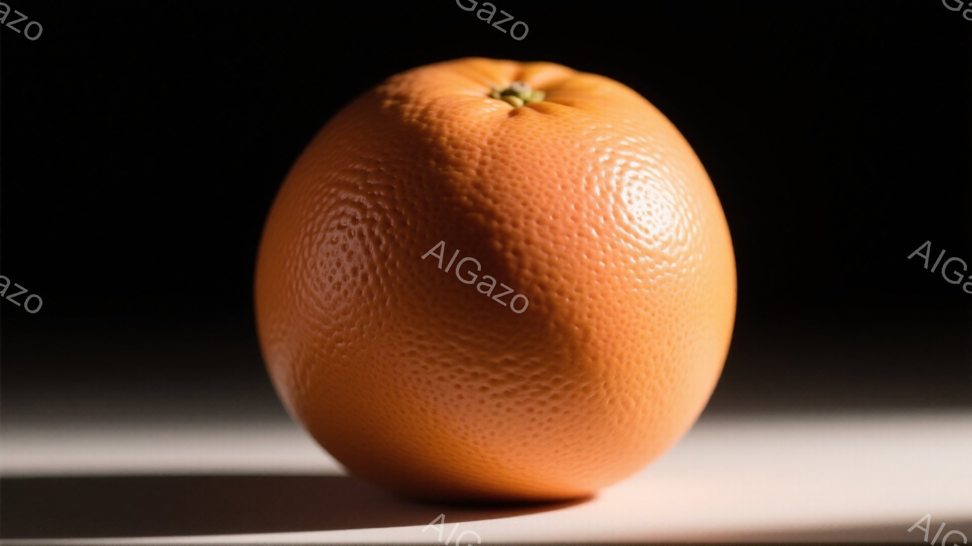 鮮やかなオレンジ色のオレンジが、白い背景に浮かび上がっています。表面は細かい突起で覆われ、光を受けてわずかに光沢があります。影はオレンジの右側に伸びており、全体的にシンプルな構成で、果物の質感を際立た - AI生成フリー素材