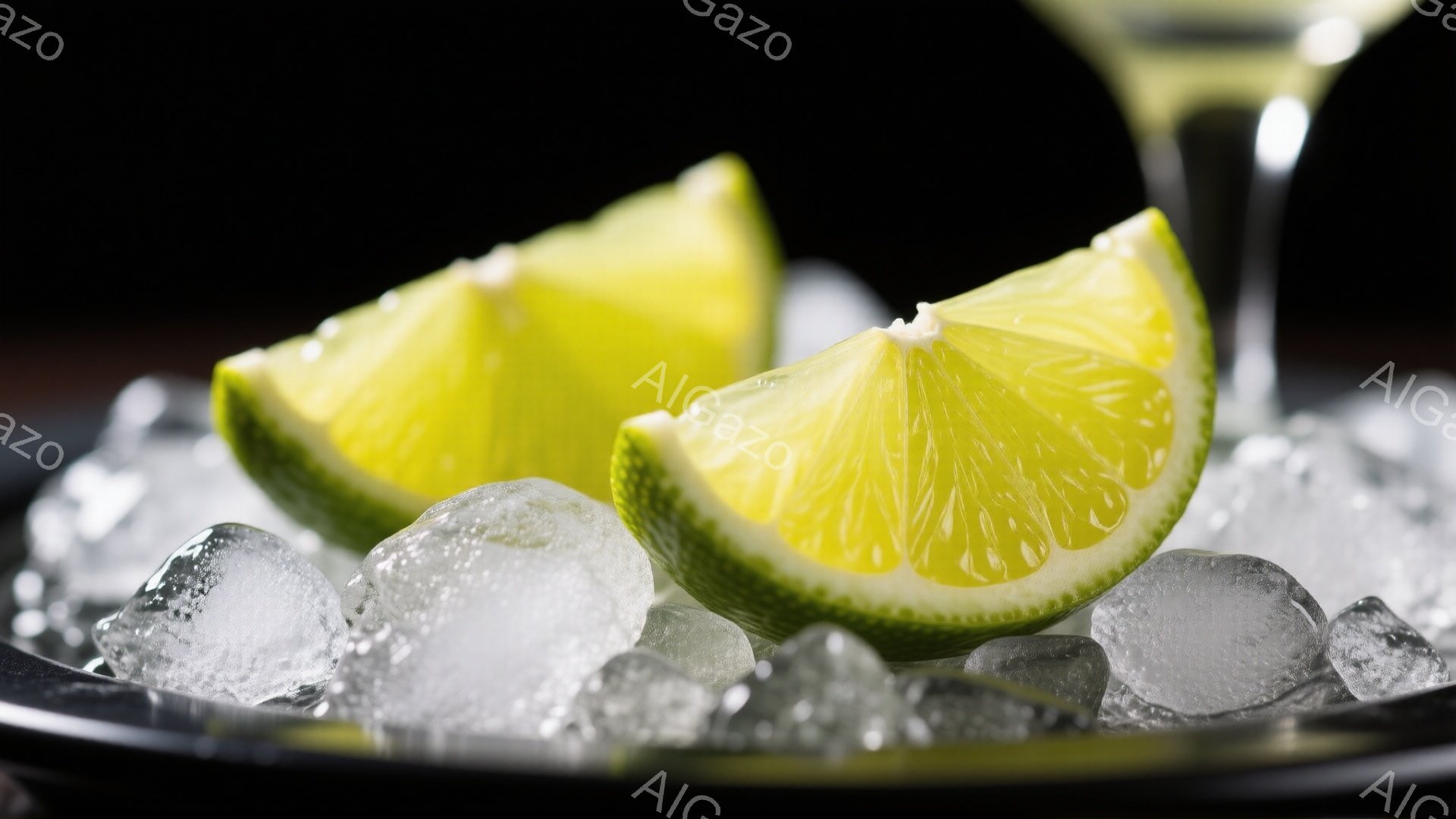 鮮やかな黄緑色のライムのスライスが、氷の上に置かれているクローズアップ写真です。ライムの表面には細かな凹凸が見られ、光沢があり、みずみずしさを感じさせます。背景は暗く、ライムと氷が際立っており、洗練されたバーやカクテルの雰囲気を醸し出しています。