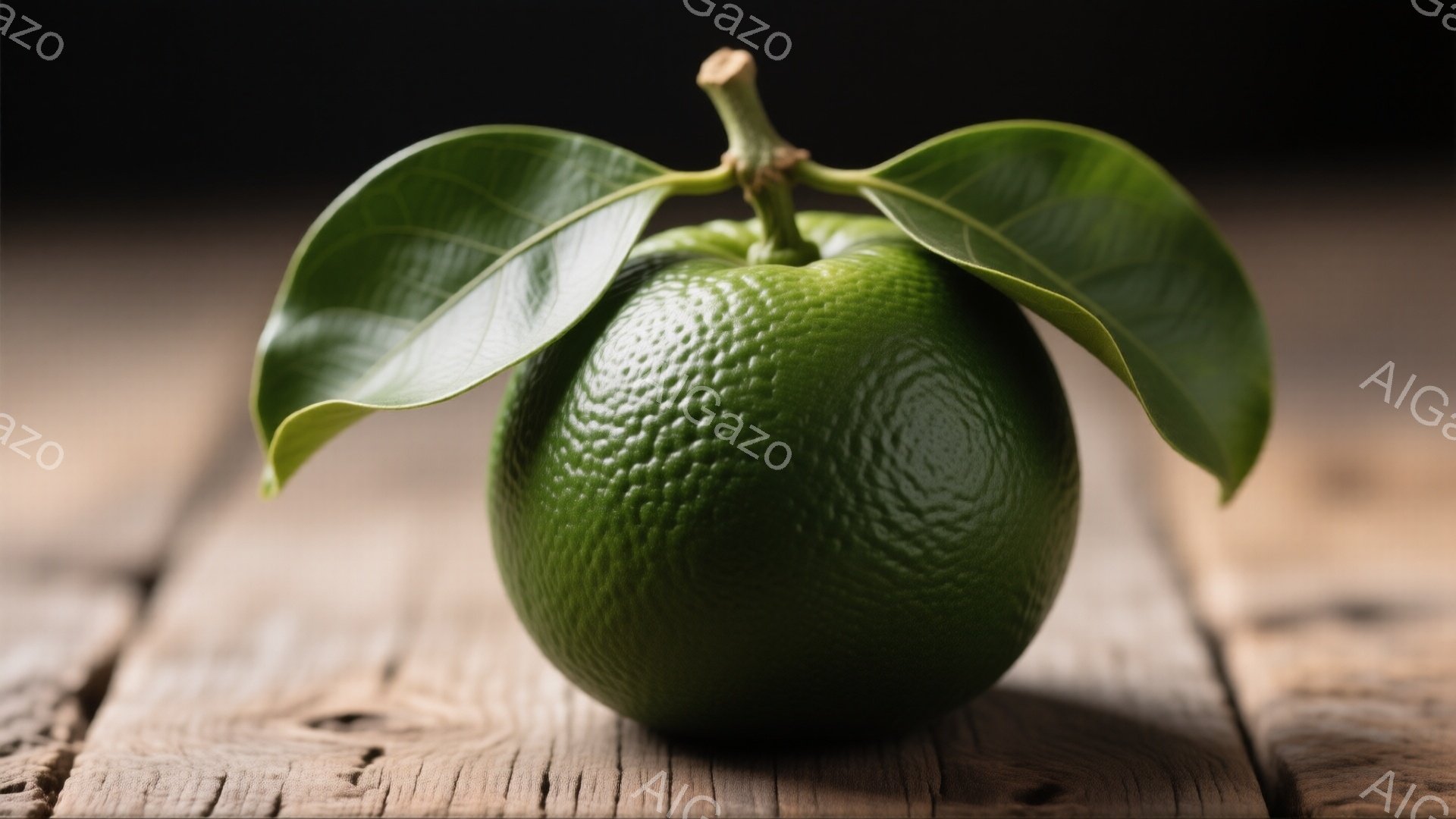 ざらざらとした質感の緑色の果実が、木の板の上に置かれています。葉が数枚、果実の上部から生えており、木製の背景が暖かさを添えています。全体的に落ち着いた雰囲気で、自然の恵みが感じられます。 - AI生成フリー素材