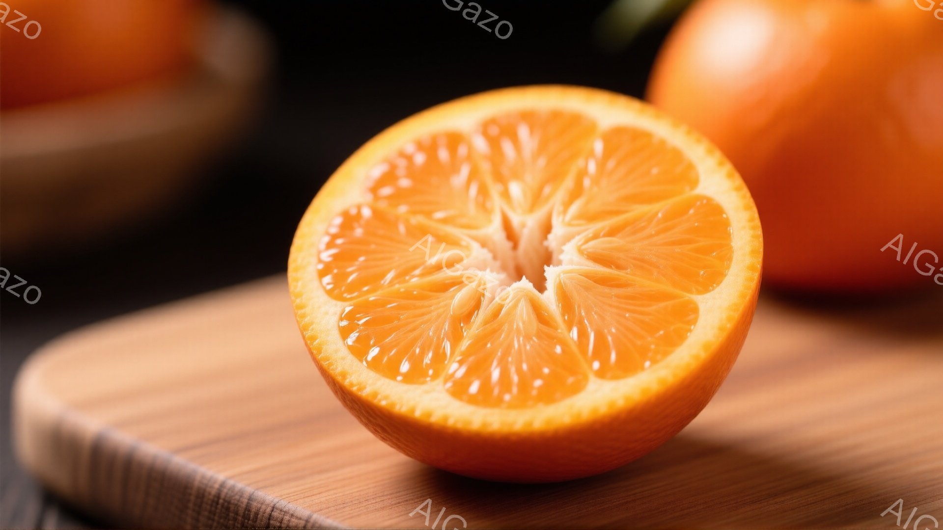 オレンジが半分にカットされた状態で、木製のプレートの上に置かれています。オレンジの果肉は鮮やかなオレンジ色で、瑞々しく、種が中央に集まっています。背景は暗く、他のオレンジがぼやけて写っており、果物の自 - AI生成フリー素材