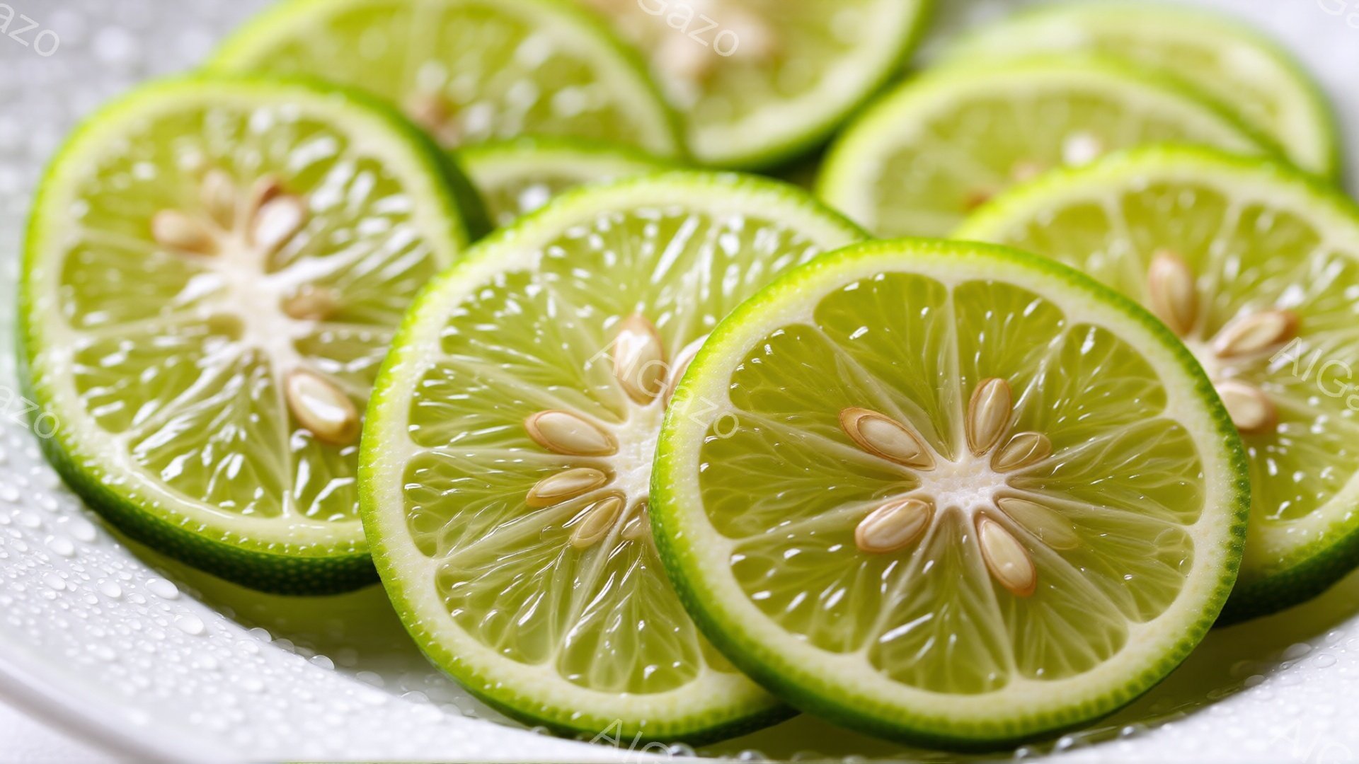 鮮やかな緑色のユズのスライスが、白い皿の上に並べられています。種が星のように配置された果肉が特徴的で、表面には水滴が光っています。全体的に爽やかで、健康的な印象を与える写真です。