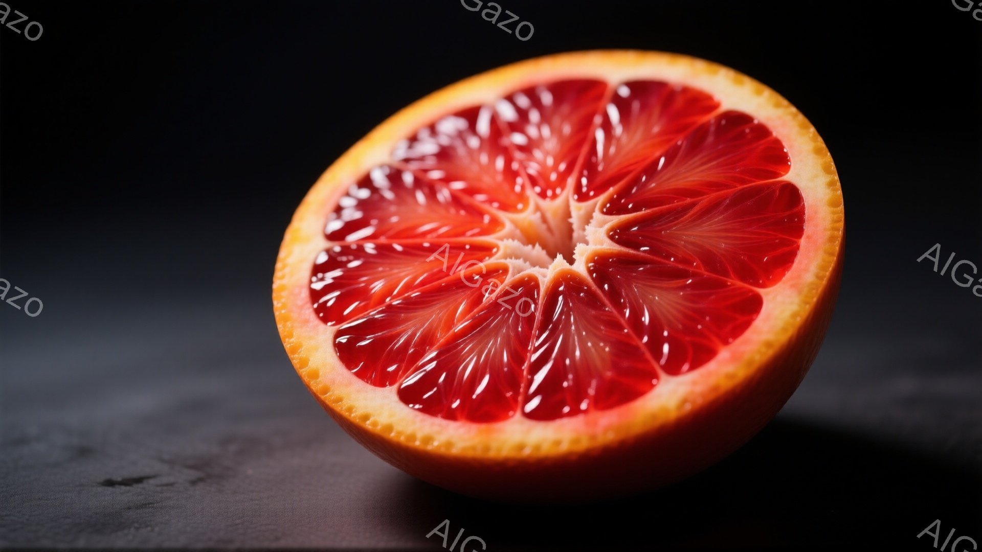 鮮やかな赤い果肉を持つオレンジの半分が、暗いグレーの表面に置かれています。果肉は放射状に配置され、細かくジューシーな質感が強調されています。全体的に、ドラマチックなライティングと鮮やかな色彩が、このフルーツの自然な美しさを引き立てています。
