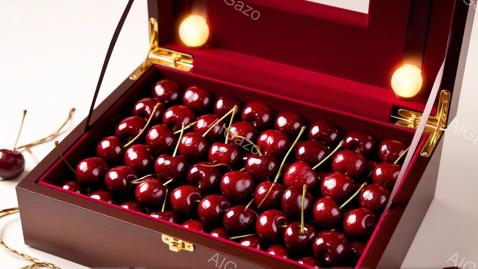 深い木製の箱の中に、艶やかな赤いさくらんぼがぎっしりと詰まっています。箱の内側はベルベットのような深い赤色で、さくらんぼの色を引き立てています。全体的に高級感があり、特別な贈り物や贅沢な雰囲気を醸し出しています。