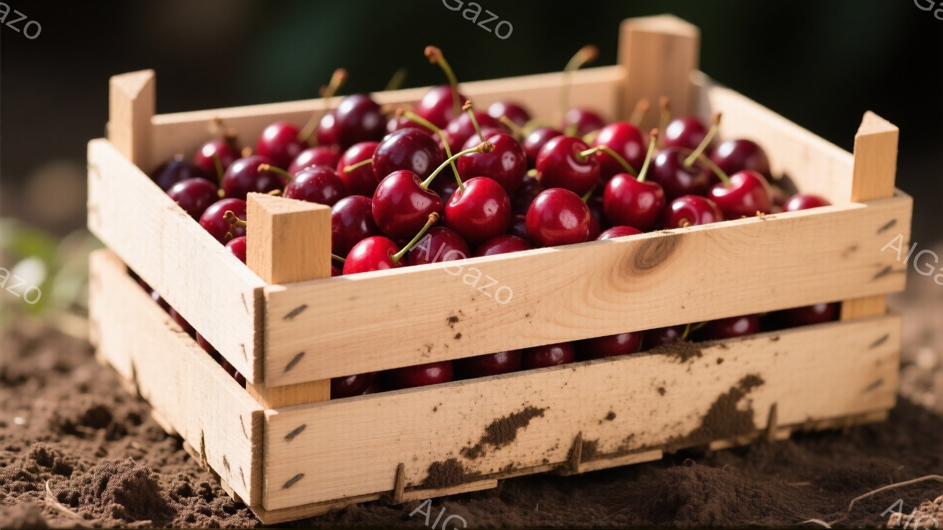新鮮なサクランボが木製の箱にたっぷりと詰まっています。箱は少し土が付いていますが、サクランボの鮮やかな赤色が際立っています。背景は土の地面で、サクランボが収穫されたばかりの様子が伝わってきます。