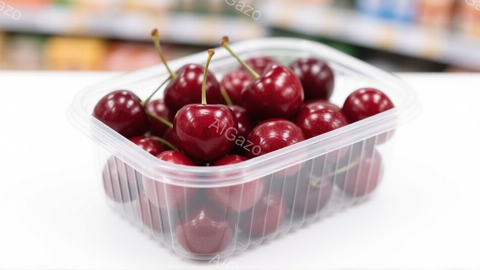 鮮やかな赤色のチェリーが透明なプラスチックの容器にぎっしりと詰まっています。容器は光沢があり、チェリーの瑞々しさを際立たせています。背景はぼやけており、スーパーマーケットか市場のような場所であると思われます。