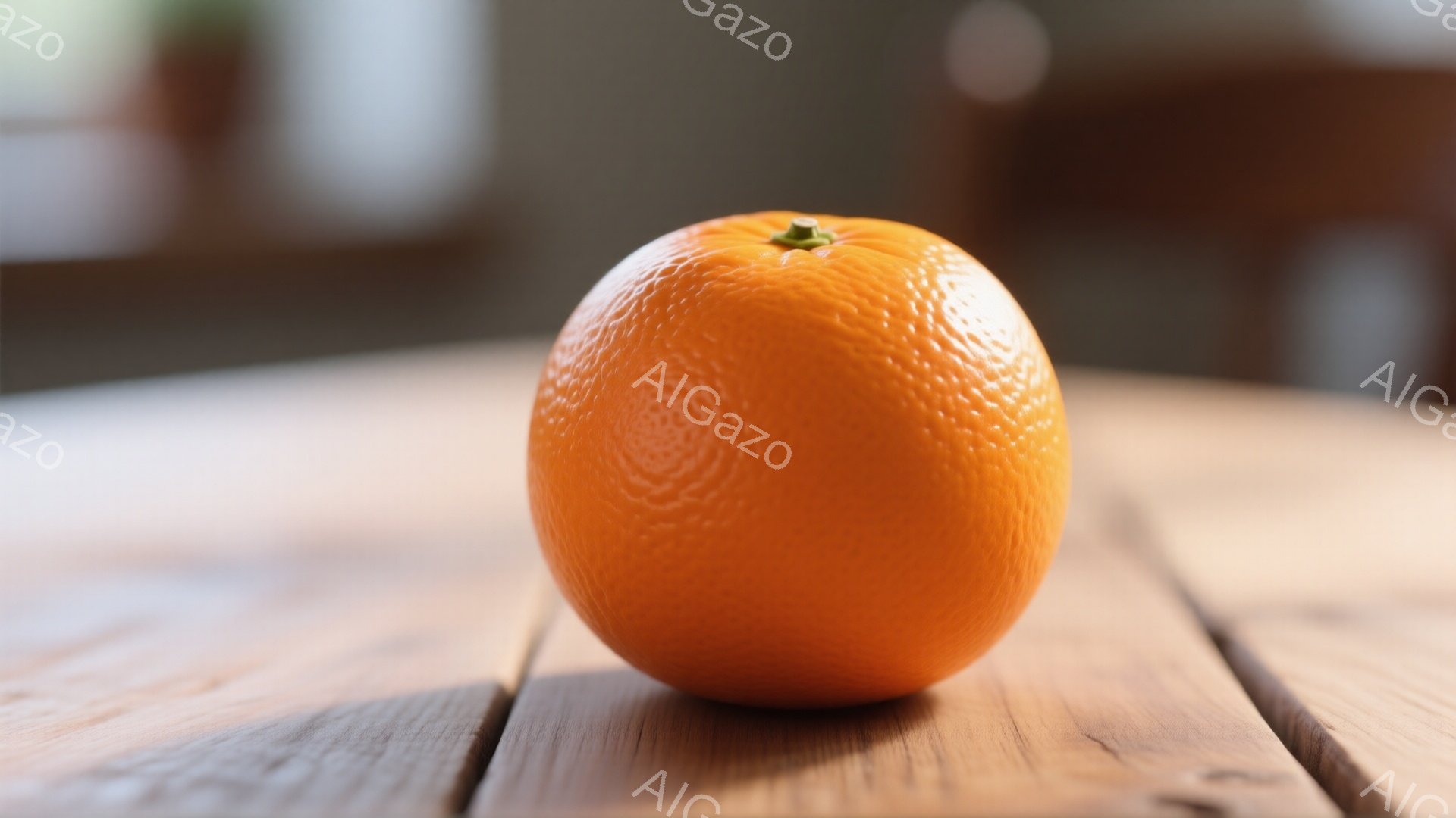 鮮やかなオレンジ色のオレンジが、木製のテーブルの上に置かれています。オレンジの表面はデコボコとしており、瑞々しさを感じさせます。背景はぼやけていますが、明るい室内である様子がうかがえます。