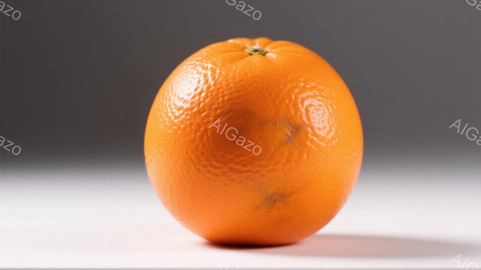 鮮やかなオレンジ色のオレンジが、白い背景に単独で配置されています。表面は細かい突起で覆われ、わずかに影が落ちています。全体的にシンプルでクリーンな印象を与え、果物の自然な色合いと質感が際立っています。 - AI生成フリー素材