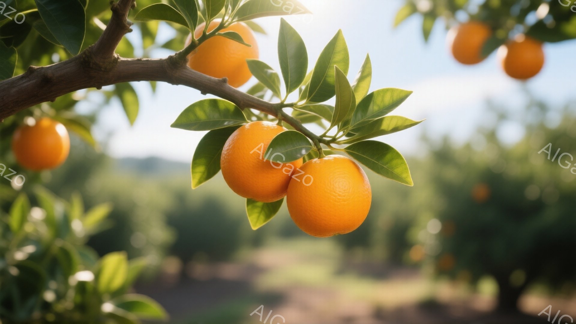 鮮やかなオレンジ色のオレンジが、緑の葉に囲まれて枝に実っている様子が捉えられています。背景にはオレンジ畑が広がり、太陽の光が葉の間から差し込み、暖かく穏やかな雰囲気を醸し出しています。全体的に、豊穣さと自然の恵みを感じさせる、美しい一枚です。