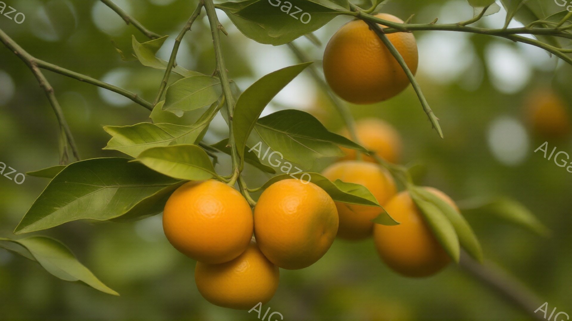 鮮やかなオレンジ色の柑橘類が、緑の葉に囲まれて枝に実っている様子が写っている。葉は光沢があり、瑞々しい印象を与え、果実とのコントラストが美しい。背景はぼやけており、自然の中で育つ柑橘類の生命力と、穏や - AI生成フリー素材