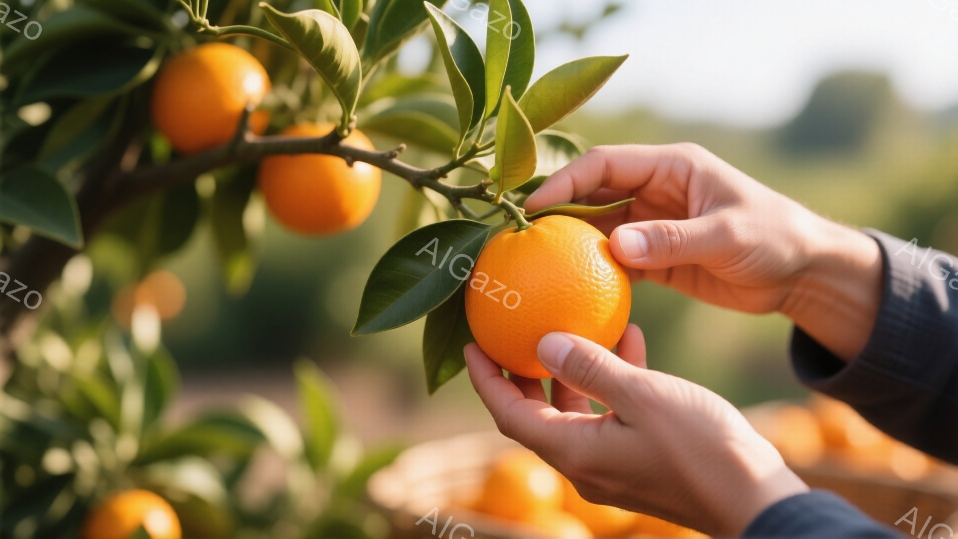 鮮やかなオレンジが実るオレンジの木から、手が一つ収穫しようとしている様子が写っている。背景には他のオレンジやオレンジの木々が広がり、明るい日差しが暖かく照らしている。全体的に、実りの秋や収穫の喜びを感 - AI生成フリー素材