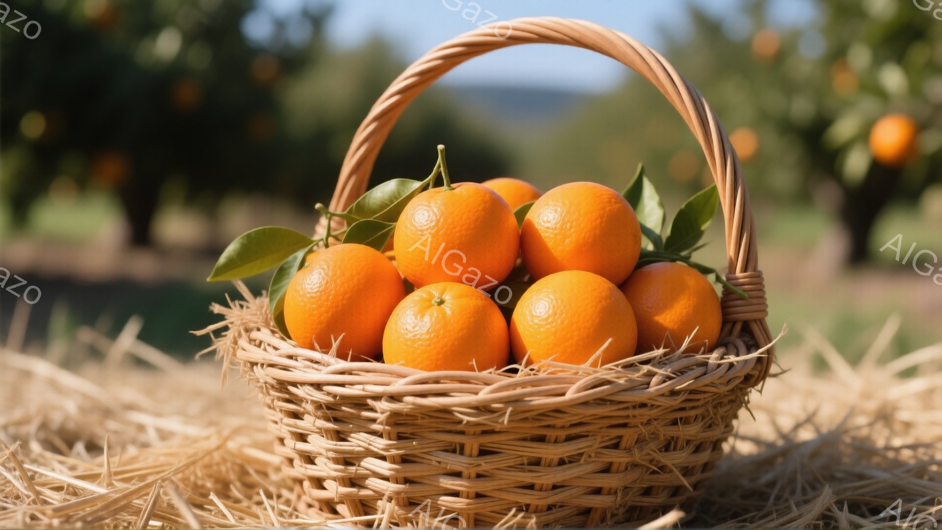 籠の中にオレンジがぎっしりと詰まっています。オレンジは鮮やかなオレンジ色で、緑の葉が添えられています。背景にはオレンジ畑が広がり、穏やかな日差しが差し込んでいます。
