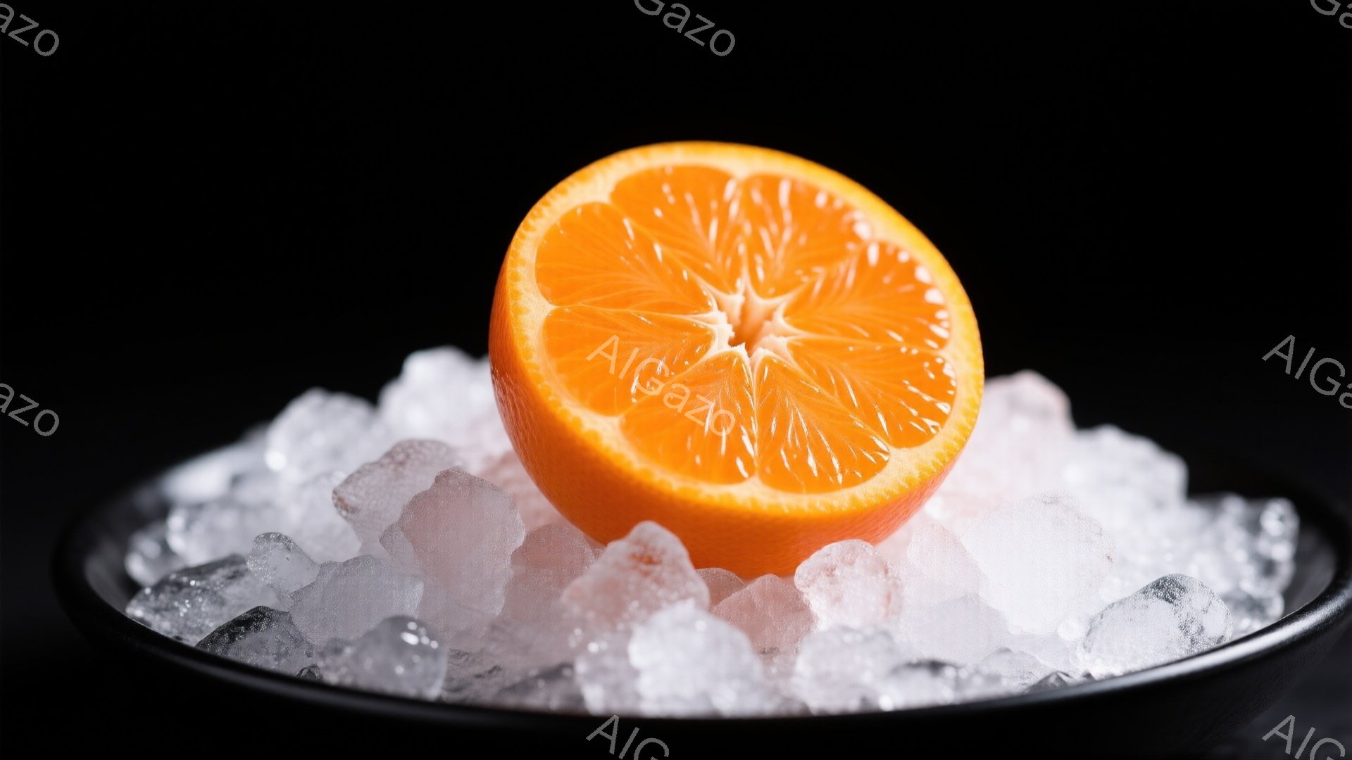 オレンジが半分にカットされ、氷の上に置かれています。黒い皿の上に白い氷が積み重なり、オレンジの鮮やかなオレンジ色が際立っています。全体的にクールで爽やかな印象で、夏のドリンクやデザートを連想させます。