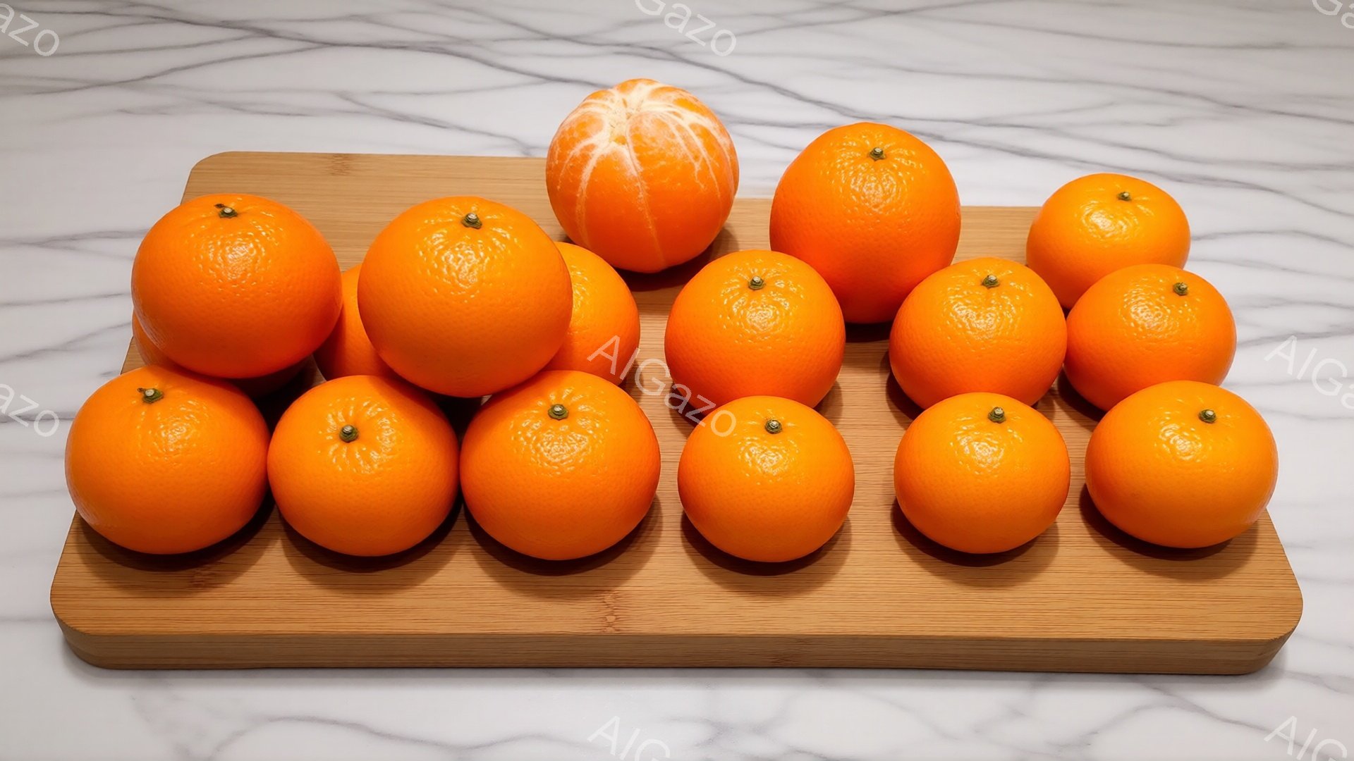 画像には、木製のまな板の上にオレンジやみかんが並べられています。果物は鮮やかなオレンジ色で、つやがあり、いくつかには葉っぱがついています。背景は白い大理石柄で、全体的に明るく、爽やかな印象を与えます。