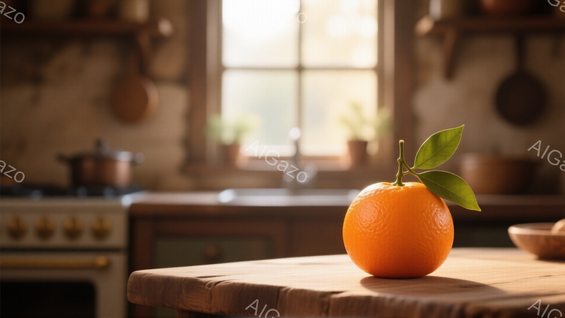 テーブルの上には鮮やかなオレンジが置かれており、葉っぱがついています。背景には、暖色系のキッチンが見え、棚には調理器具が並び、窓からは柔らかい光が差し込んでいます。全体的に、温かく、居心地の良い家庭的 - AI生成フリー素材
