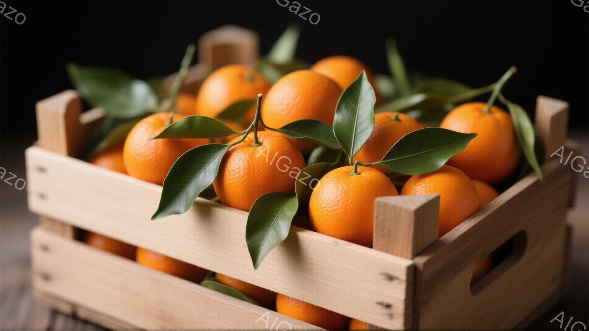 鮮やかなオレンジが木の箱にたくさん詰まっており、緑色の葉がオレンジの間から覗いています。箱は木製で、自然な色合いが温かみを添えています。背景は暗く、オレンジの鮮やかさを際立たせています。