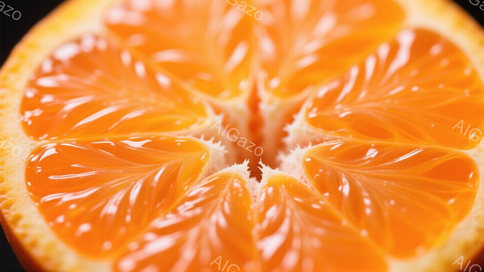 鮮やかなオレンジ色の柑橘類のスライスが、黒い背景にクローズアップで映っている。果肉は放射状に広がり、ジューシーな水分を帯びており、みずみずしい。全体的に明るく、食欲をそそる印象を与える。 - AI生成フリー素材