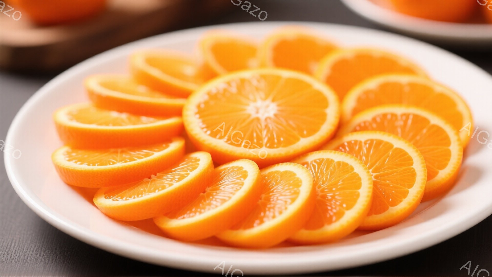 白い皿に、鮮やかなオレンジのスライスが並べられています。果肉の断面が丸く、種が見えるものもあります。背景は木製のテーブルで、別のオレンジがぼんやりと見えます。