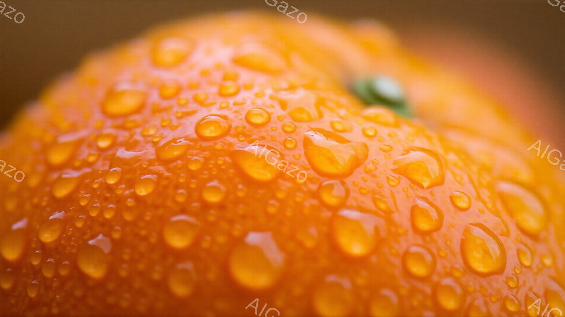鮮やかなオレンジ色の柑橘類が、表面に無数の水滴をまとっているクローズアップ写真です。水滴は丸く、光を反射して輝いており、果物の表面の凹凸と相まって、生き生きとした質感を生み出しています。背景はぼかされており、果物そのものが主要な被写体として際立っています。