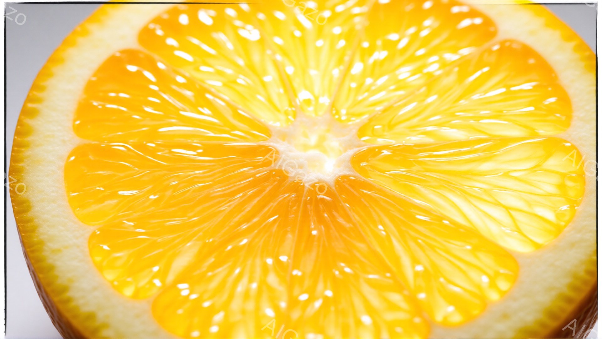 鮮やかなオレンジのスライスが画面全体を占めており、果肉の繊維が放射状に広がっている様子が詳細に捉えられている。オレンジの果汁が光を反射し、つややかな質感と瑞々しさを強調している。背景はぼやけており、オレンジのスライスが際立って見える構成になっている。