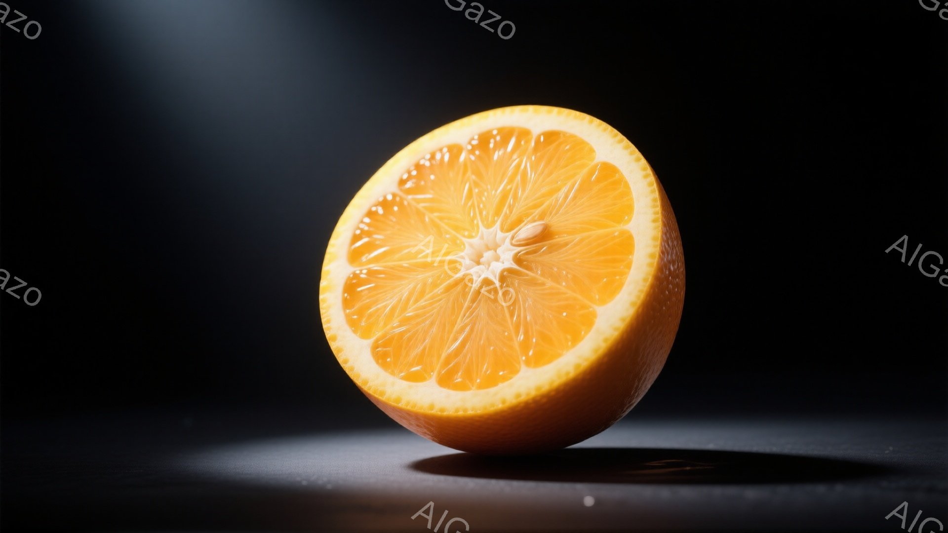 鮮やかなオレンジ色のオレンジが半分にカットされたものが、黒い背景に浮かび上がっています。果肉の繊維が放射状に広がり、水分を含んだ瑞々しい質感と、光を受けて輝く表面が印象的です。影がはっきりと落ち、奥行きを感じさせるシンプルな構図が、オレンジの鮮やかさを際立たせています。