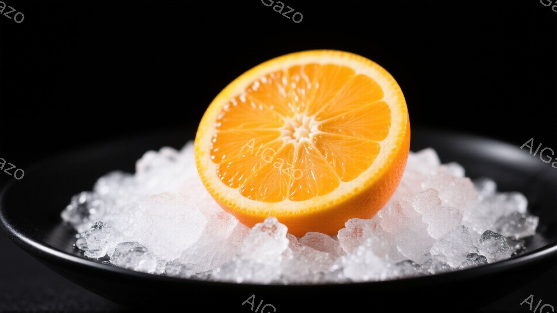 鮮やかなオレンジが、砕いた氷の上に置かれています。オレンジは半分にカットされており、果肉の断面がよく見え、ジューシーさを感じさせます。背景は真っ黒で、オレンジと氷のコントラストが際立ち、爽やかな印象を与えます。