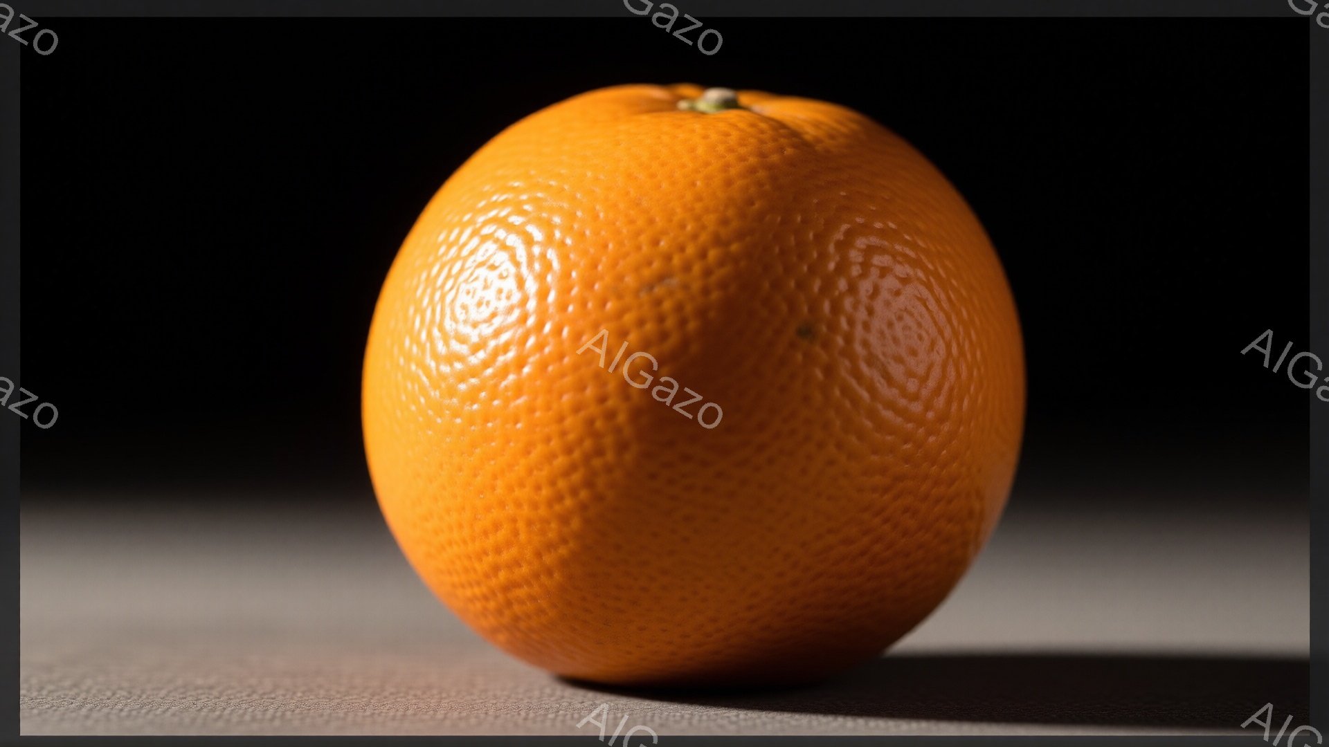 鮮やかなオレンジ色のオレンジが、ざらざらとした灰色の表面の上に乗っています。強い光が当たっており、オレンジの表面の質感と影が強調されています。背景は暗く、オレンジが際立って見えます。