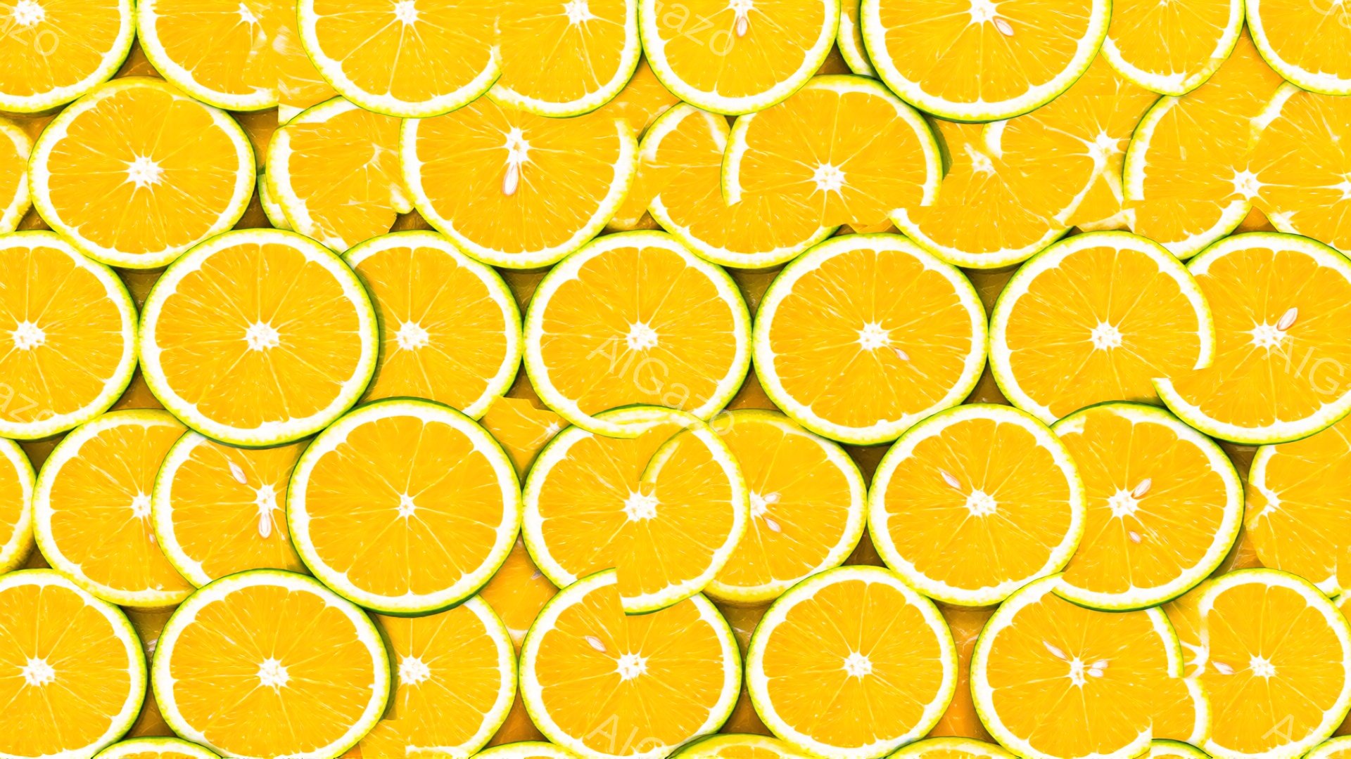 画像全体は、オレンジのスライスが隙間なく並んだパターンで覆われています。オレンジは鮮やかなオレンジ色で、果肉の繊維がはっきりと見え、中央には種があります。全体的に明るく、元気で、健康的な雰囲気です。