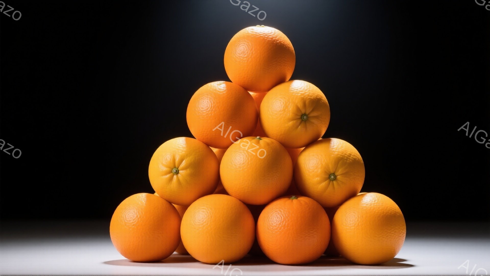 画像には、オレンジがピラミッド状に積み重ねられた様子が写っています。オレンジは鮮やかなオレンジ色で、表面にうっすらとテクスチャが見られます。背景は暗く、オレンジが際立っており、全体的にシンプルでミニマ - AI生成フリー素材