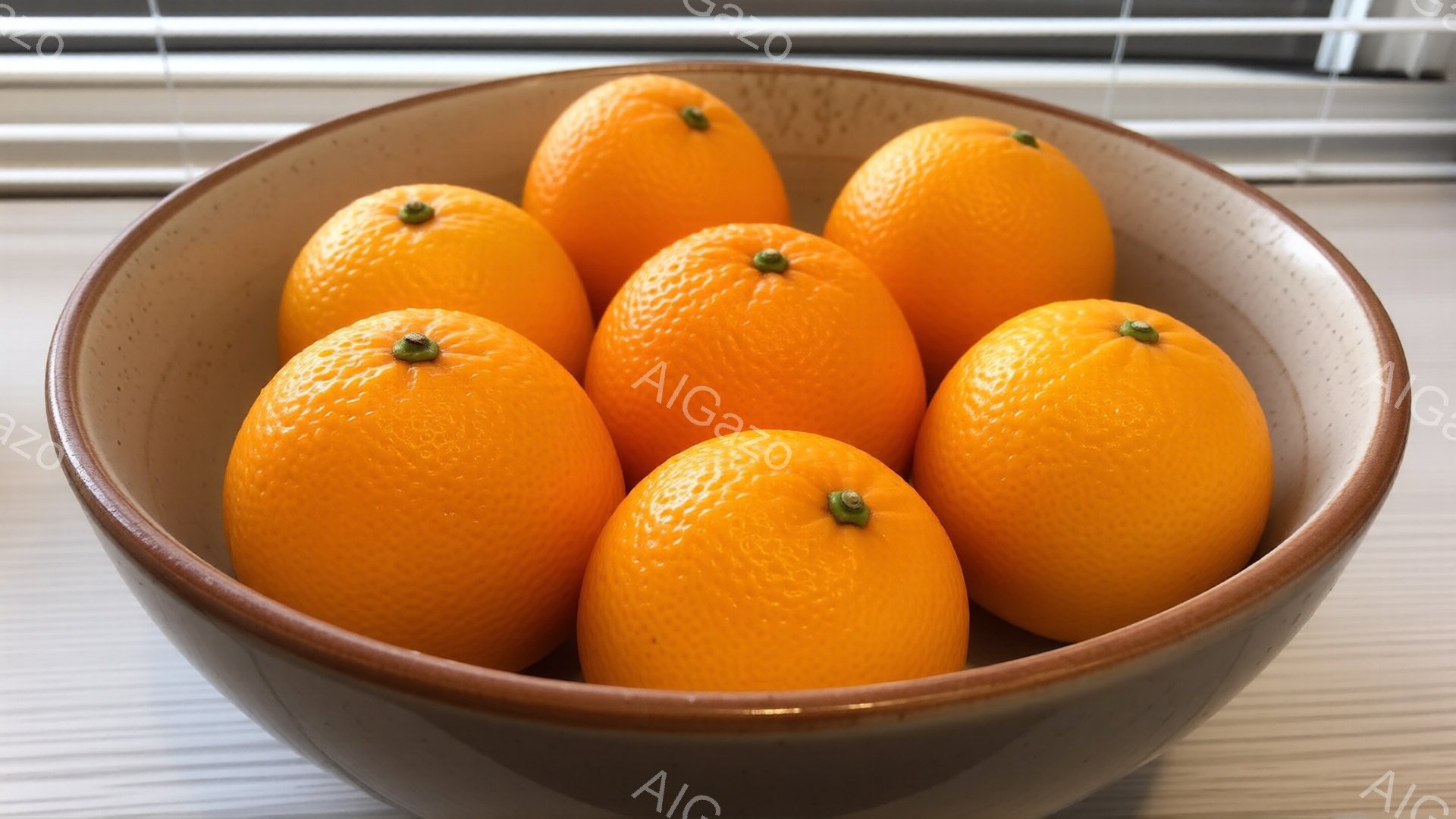 陶器のボウルにオレンジがいくつか入っています。オレンジは鮮やかなオレンジ色で、葉っぱのつぼみがいくつか見えます。背景は白と灰色のストライプの表面で、シンプルで清潔な印象を与えます。 - AI生成フリー素材