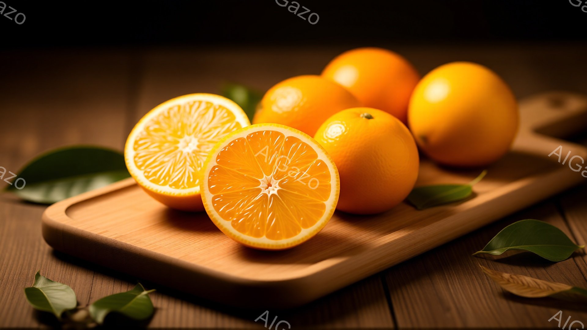 画像には、木製の板の上に数個のオレンジが置かれています。オレンジは半分にカットされたものと、そのままのものが混ざっており、鮮やかなオレンジ色が目を引きます。背景は暗い木目調で、葉が数枚散りばめられており、温かく落ち着いた雰囲気を醸し出しています。