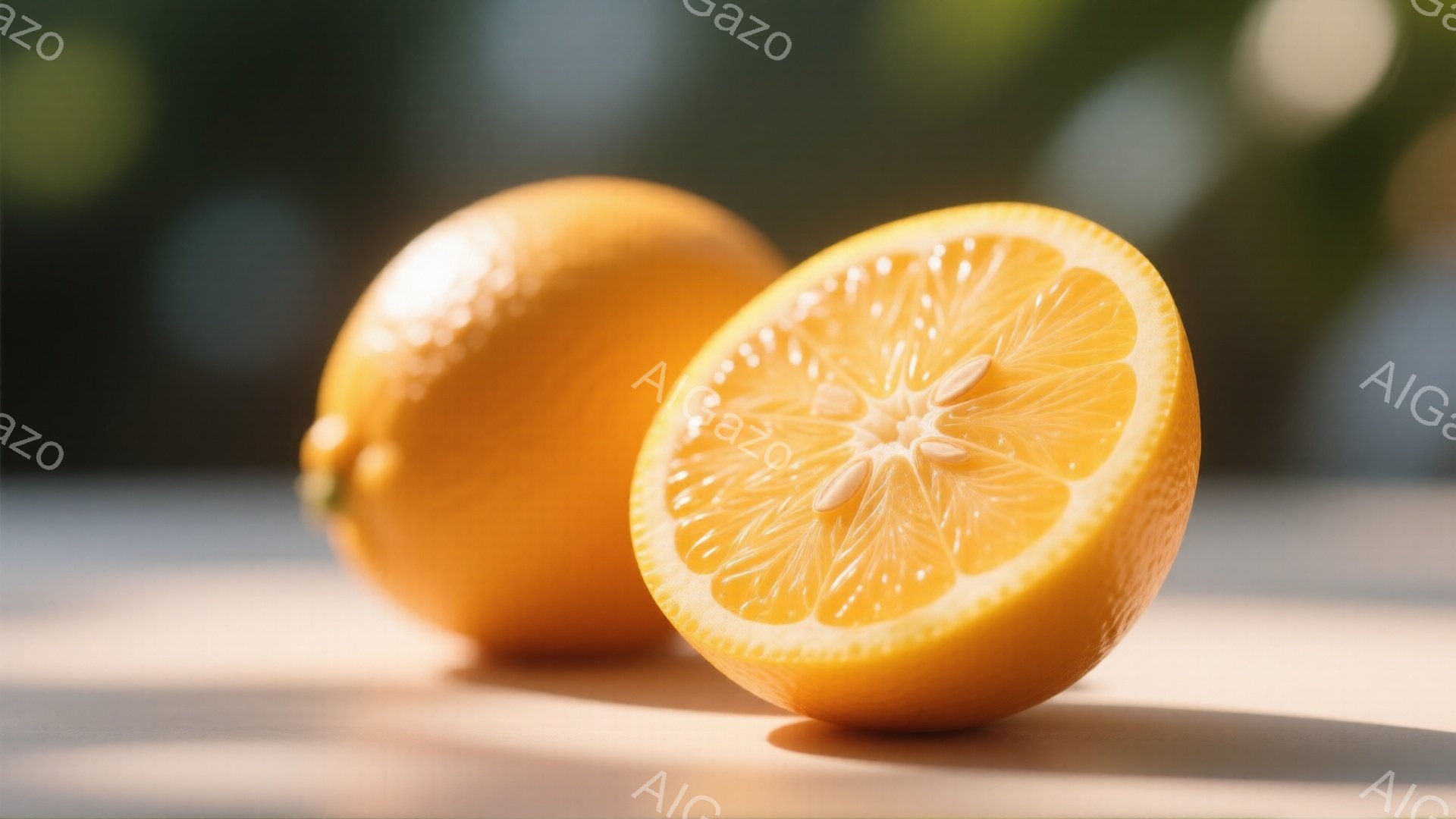 鮮やかなオレンジ色の柑橘類が2つ、白い表面の上に置かれています。一つは丸ごとで、もう一つは半分にカットされており、果肉の断面がよく見えます。背景はぼやけており、自然光が差し込み、全体的に明るく爽やかな - AI生成フリー素材