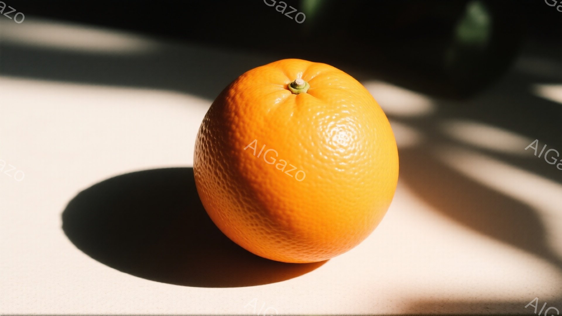 画像は鮮やかなオレンジ色のオレンジが、白っぽい表面の上で光を受けています。オレンジの表面は小さな凹凸があり、影が強く落ちています。背景はぼやけており、他の果物（おそらく柑橘類）がわずかに見えますが、全体的にシンプルでミニマルな雰囲気です。