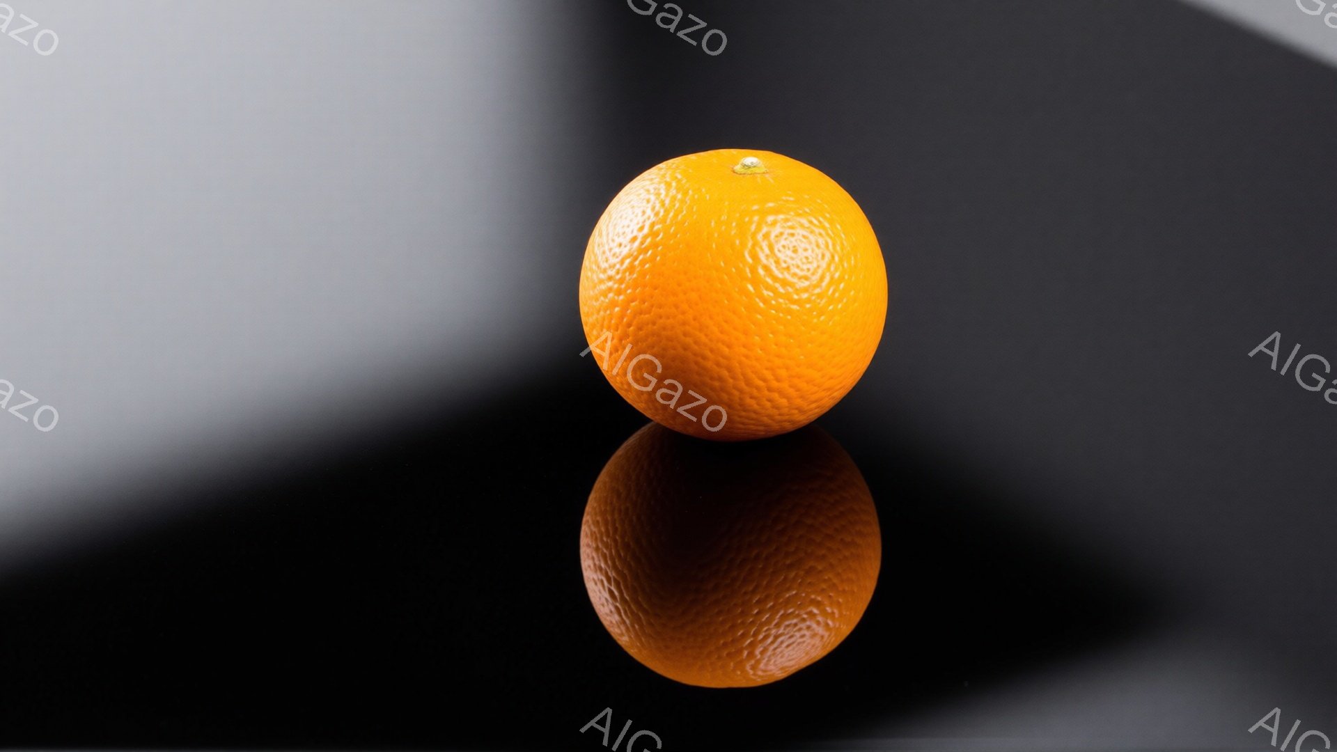 鮮やかなオレンジ色のオレンジが、黒い反射面の上に置かれています。オレンジの表面には細かい凹凸があり、光沢があり、その下にはオレンジの鮮明な反射が映っています。背景は暗く、オレンジが際立っており、シンプルでモダンな雰囲気を醸し出しています。