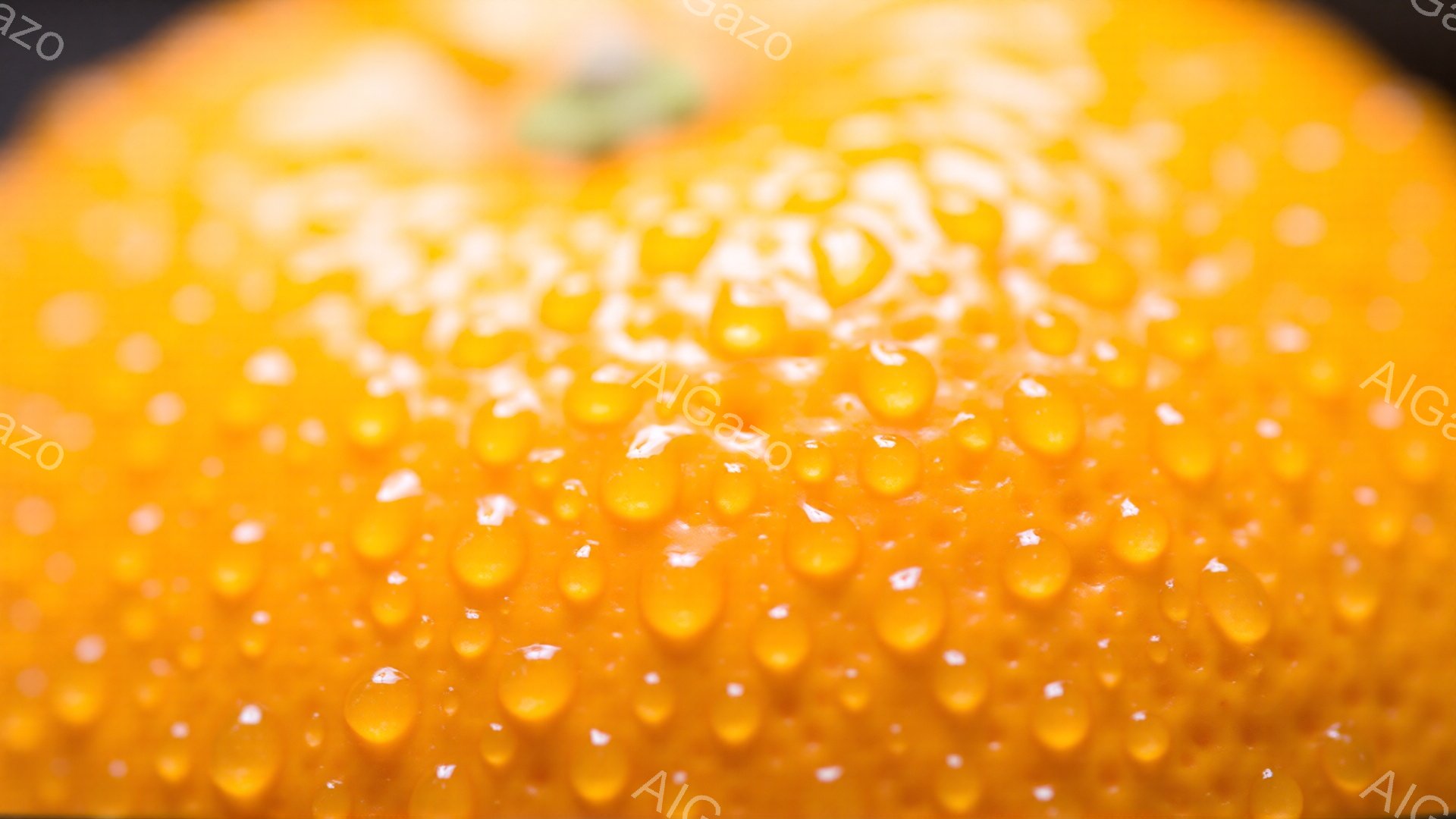 鮮やかなオレンジ色の果実が、水滴で覆われているクローズアップ写真です。水滴は表面に均等に散らばり、まるで宝石のように輝いています。背景は暗く、オレンジの鮮やかさを際立たせています。 - AI生成フリー素材