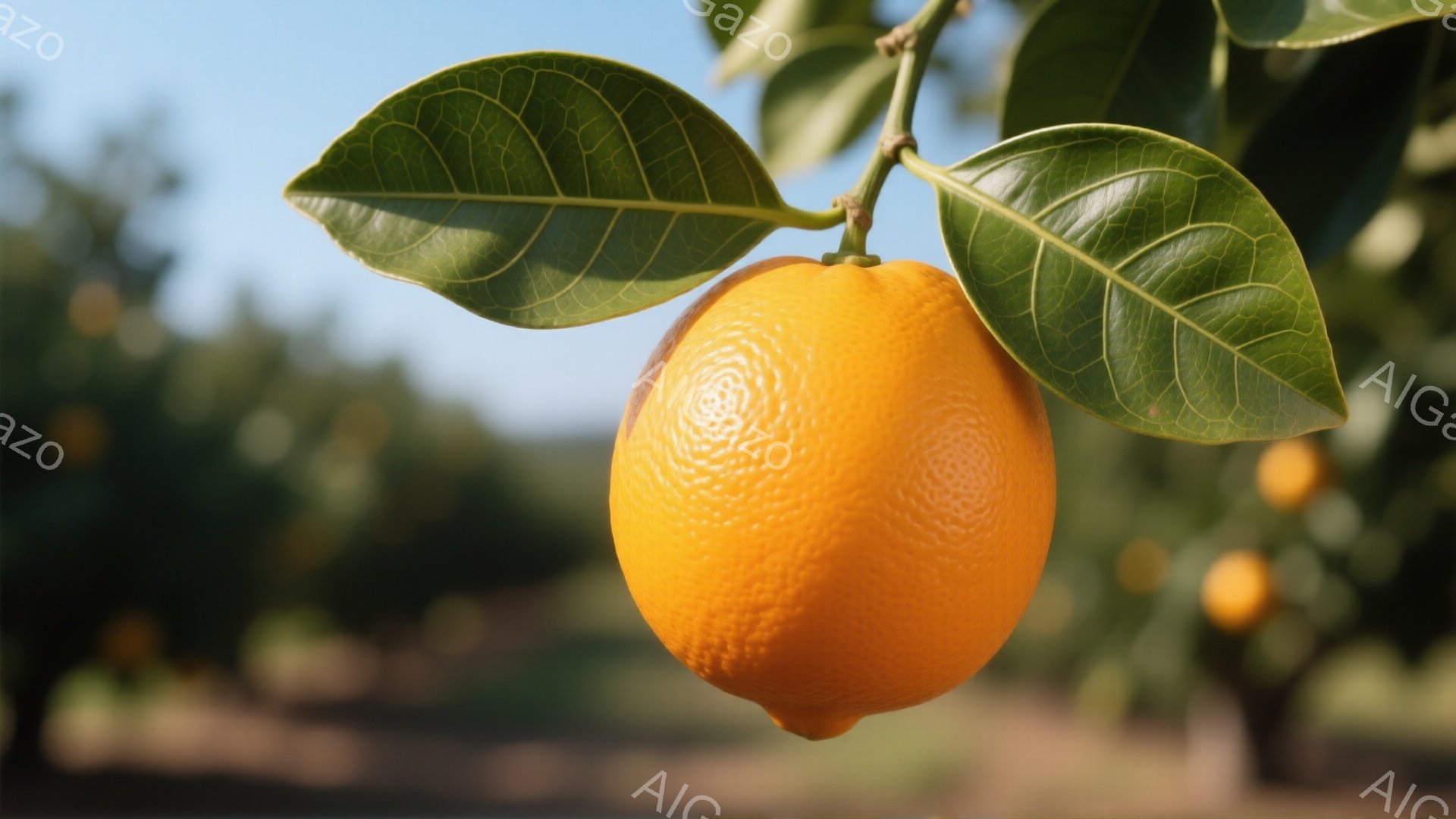 鮮やかなオレンジ色の柑橘類が、濃い緑の葉に囲まれて枝からぶら下がっている。背景にはぼやけたオレンジ色の木々と青空が広がり、温暖な日差しを感じさせる。全体的に、みずみずしく、活気のある雰囲気で、果実の収穫期を思わせる。