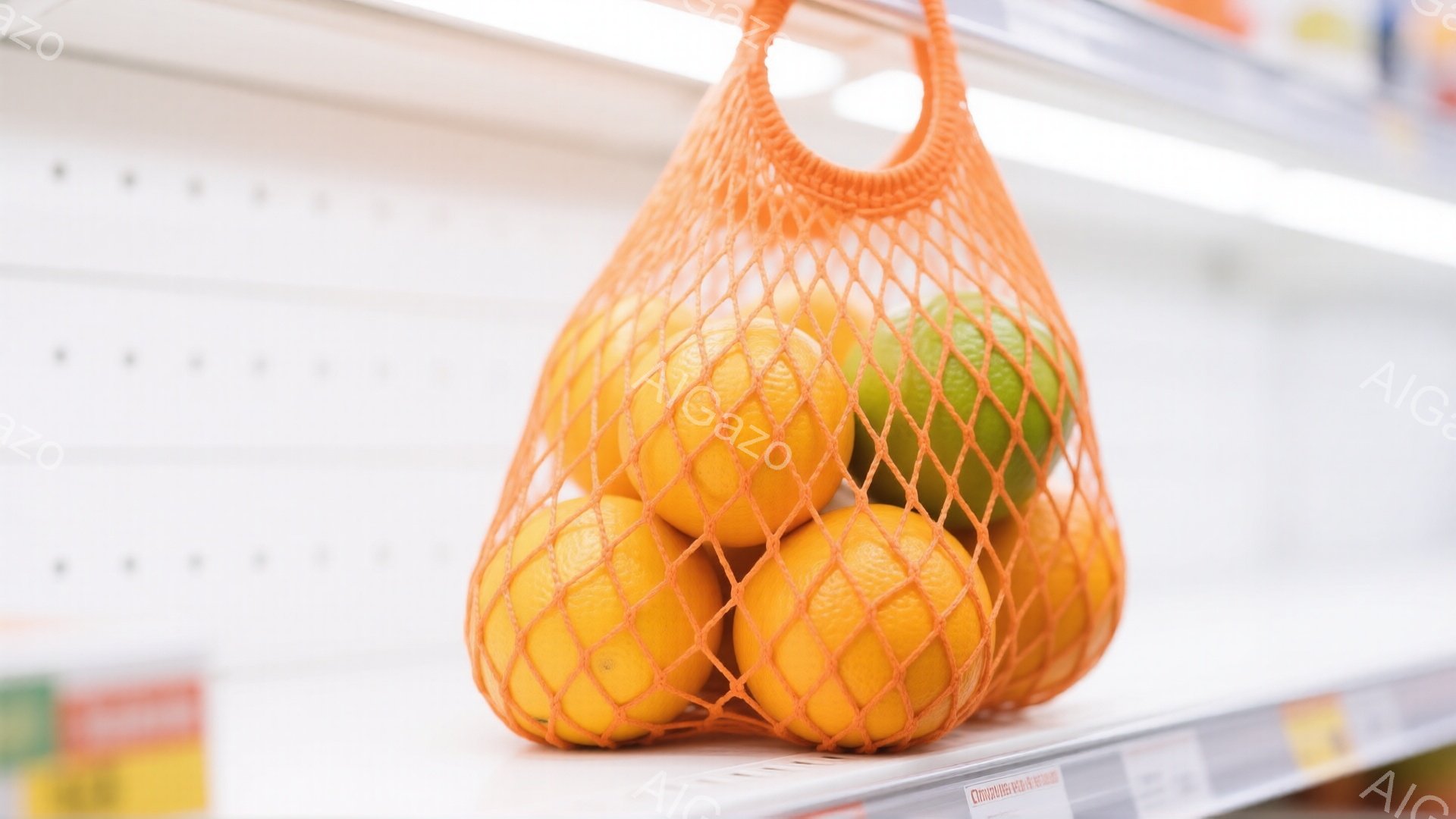 オレンジ色の網状のバッグにみかんと数個のライムが入っており、スーパーマーケットの棚に置かれています。背景は白い棚で、価格表示が見え、明るく清潔な印象を与えます。全体的に、新鮮なフルーツが並んだ、日常的な食料品の買い物の光景が捉えられています。