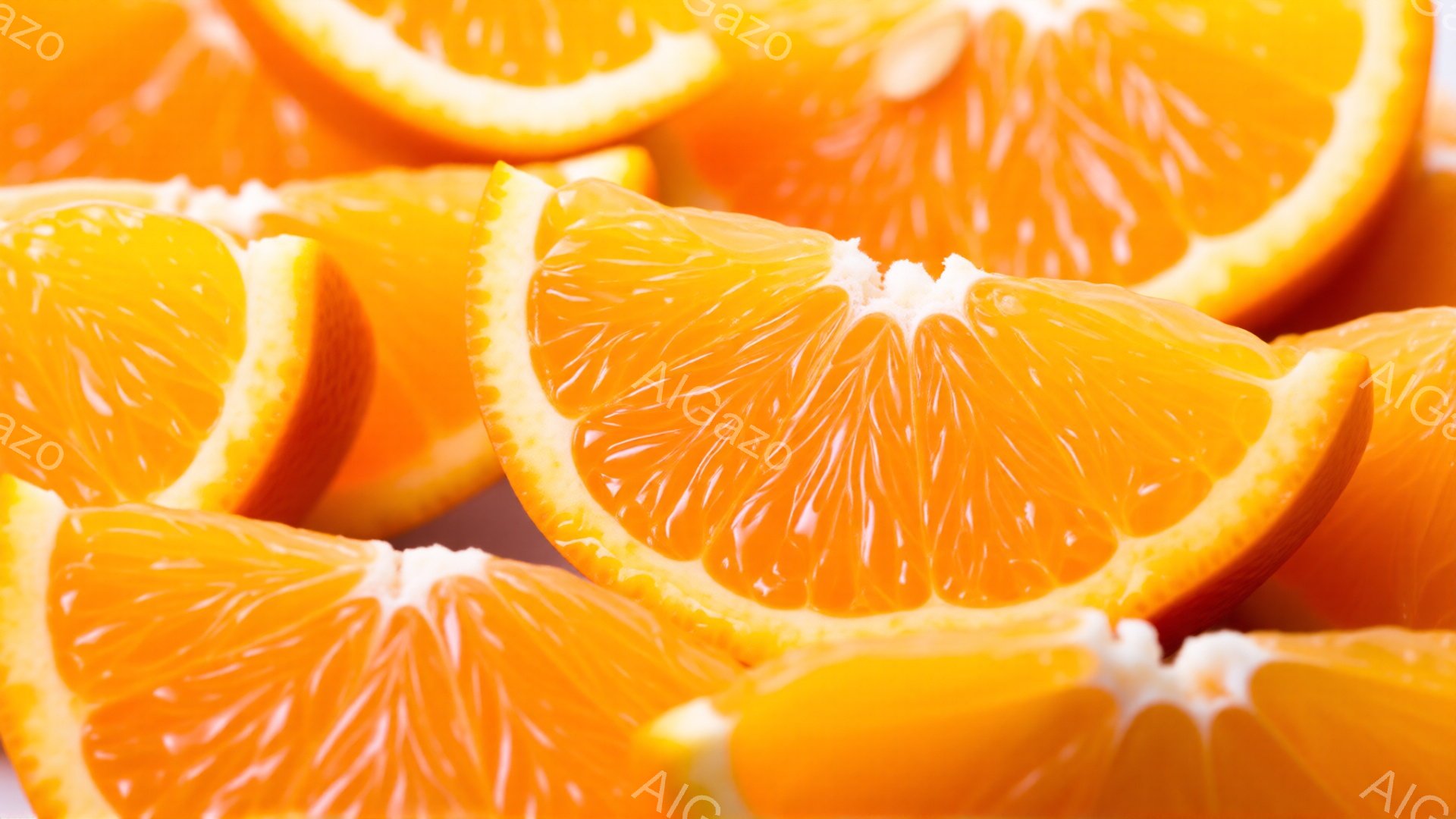 鮮やかなオレンジのスライスが画面全体を埋め尽くしています。果肉の水分が豊かで、種子が見えるものもあります。全体的に明るく、爽やかな雰囲気が漂っています。 - AI生成フリー素材