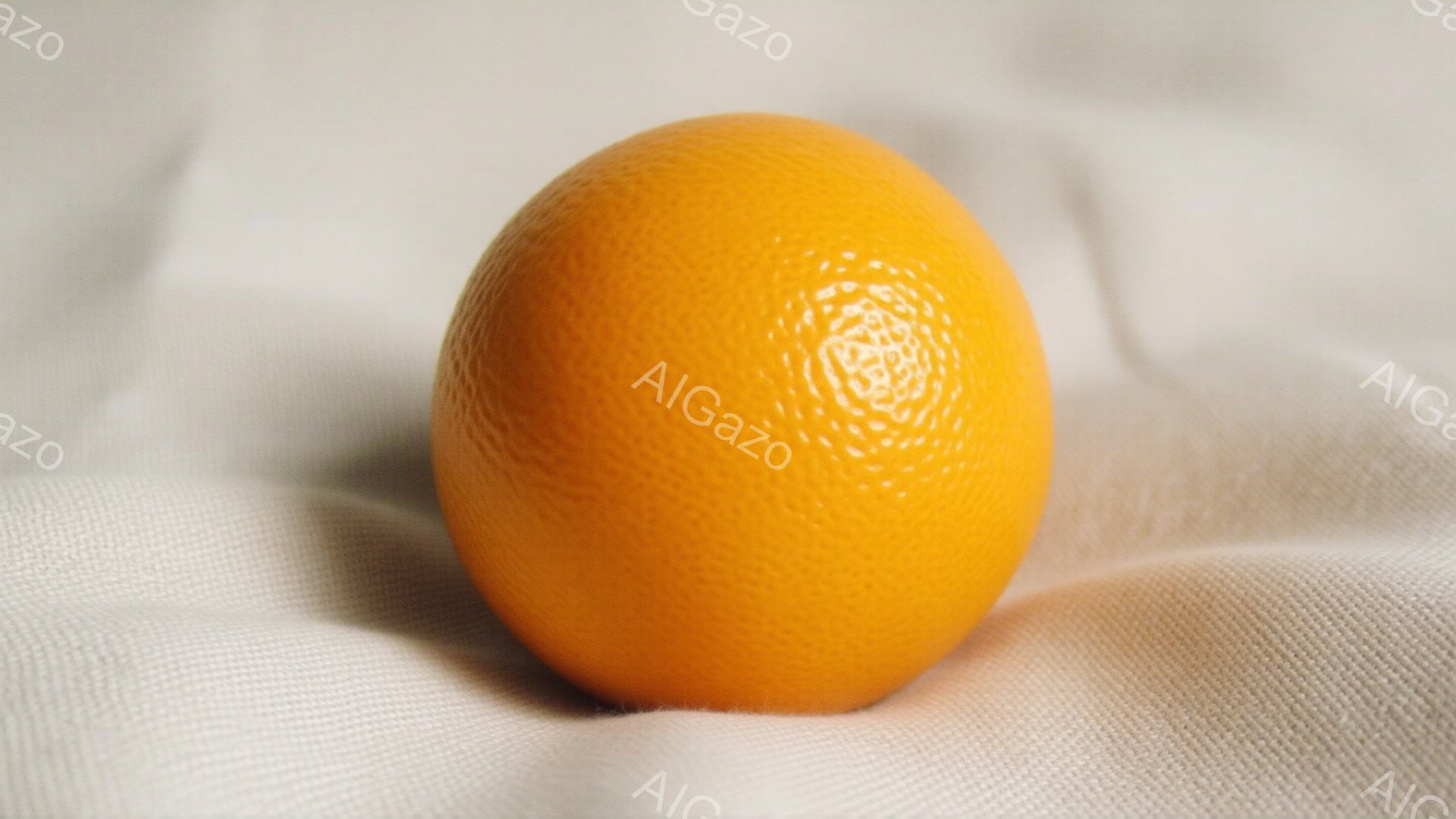 鮮やかなオレンジ色の球体が、白い布の上に置かれています。布には自然なシワや陰影があり、球体の鮮やかさを引き立てています。全体的にシンプルで、球体が主な被写体として際立っており、温かみのある雰囲気が感じられます。