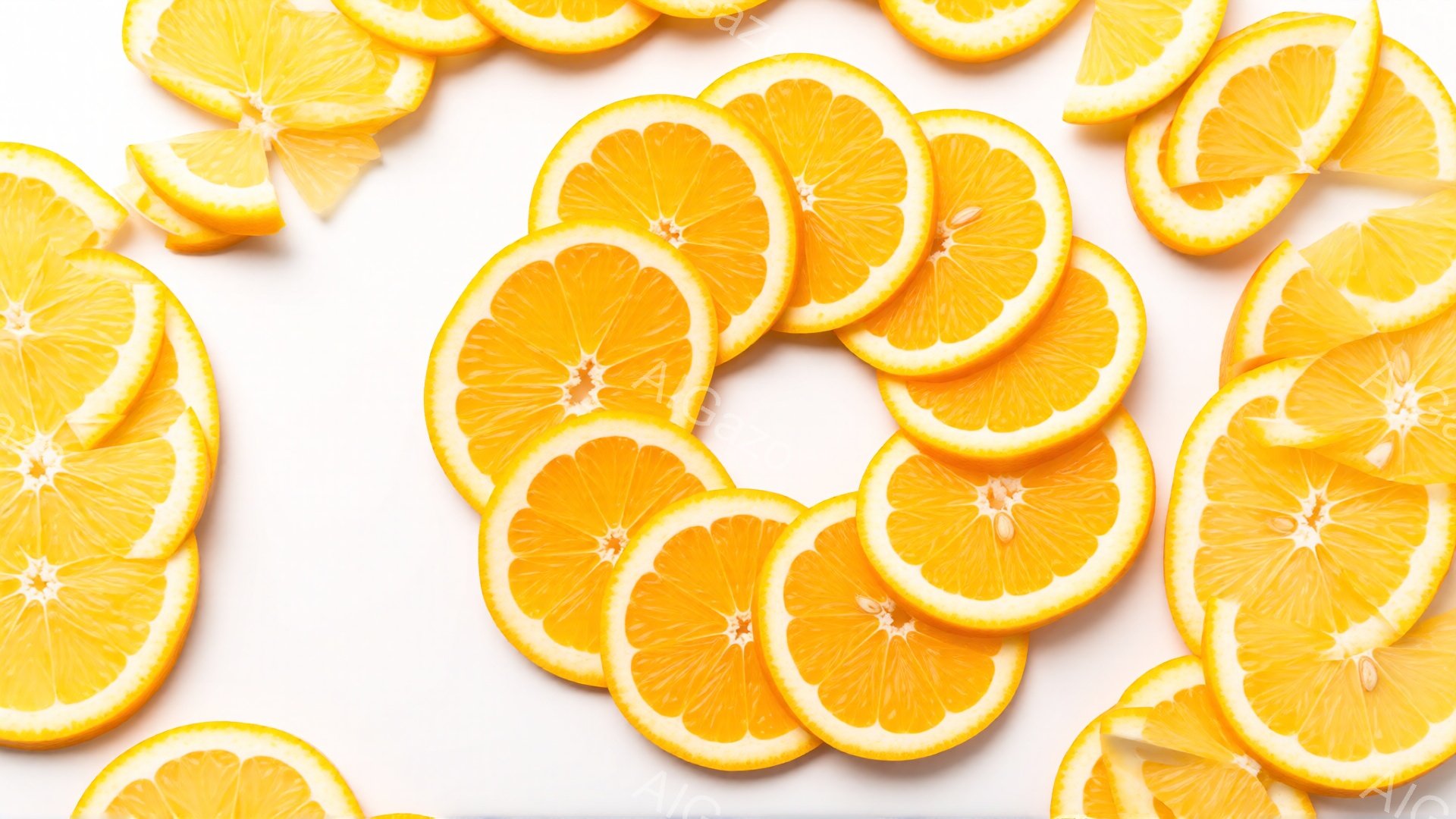 この画像は、オレンジのスライスが白い背景に散りばめられたクローズアップ写真です。オレンジは鮮やかなオレンジ色で、種が見えるものもあり、新鮮でジューシーな印象を与えます。全体的に明るく、健康的で、食欲をそそる雰囲気が漂っています。
