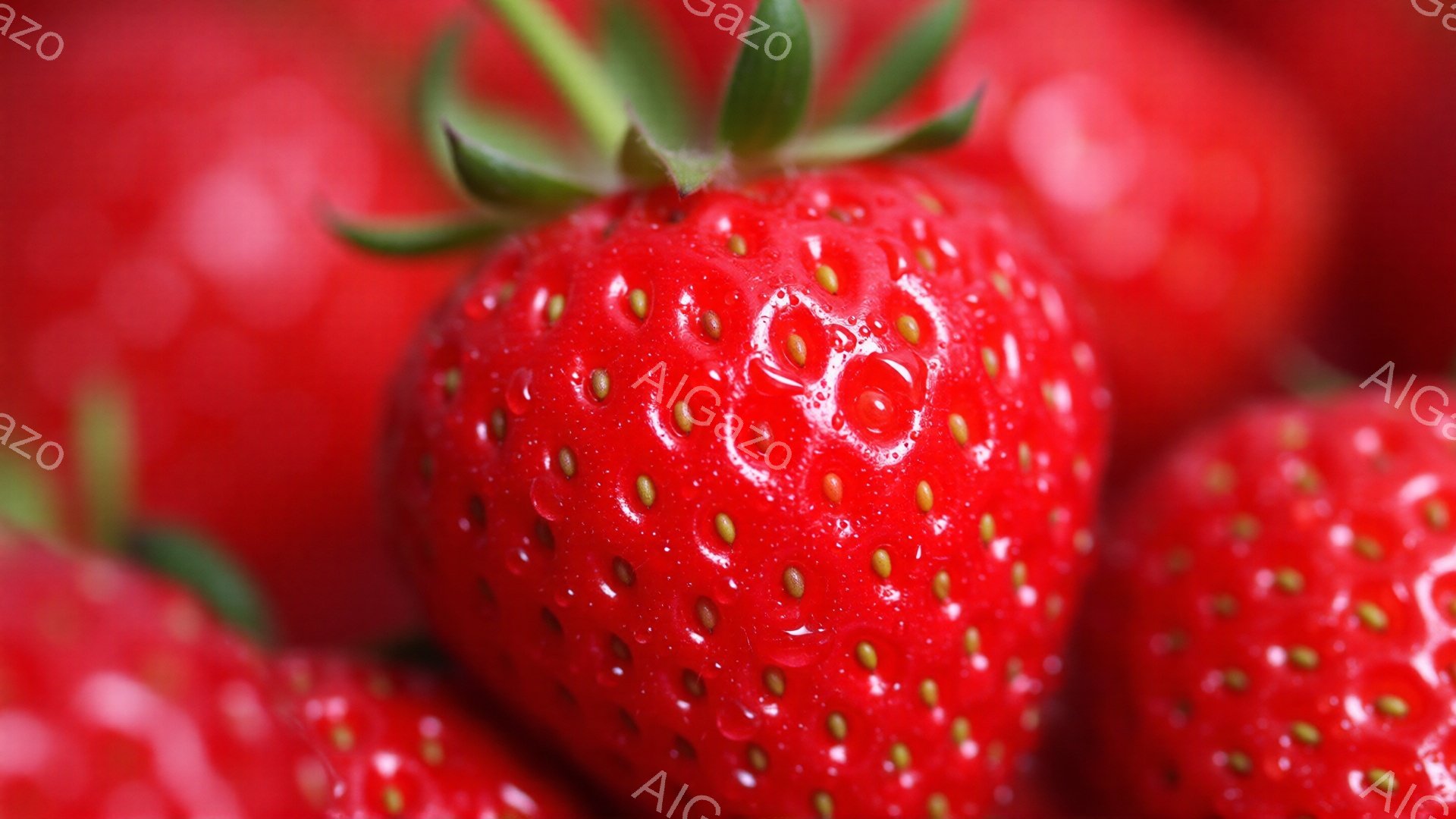 鮮やかな赤色のいちごが複数、密集して写っている。実の表面には小さな種が点在し、つやつやとした質感が強調されている。背景は同様のいちごで埋め尽くされ、全体として豊かで瑞々しい雰囲気を醸し出している。