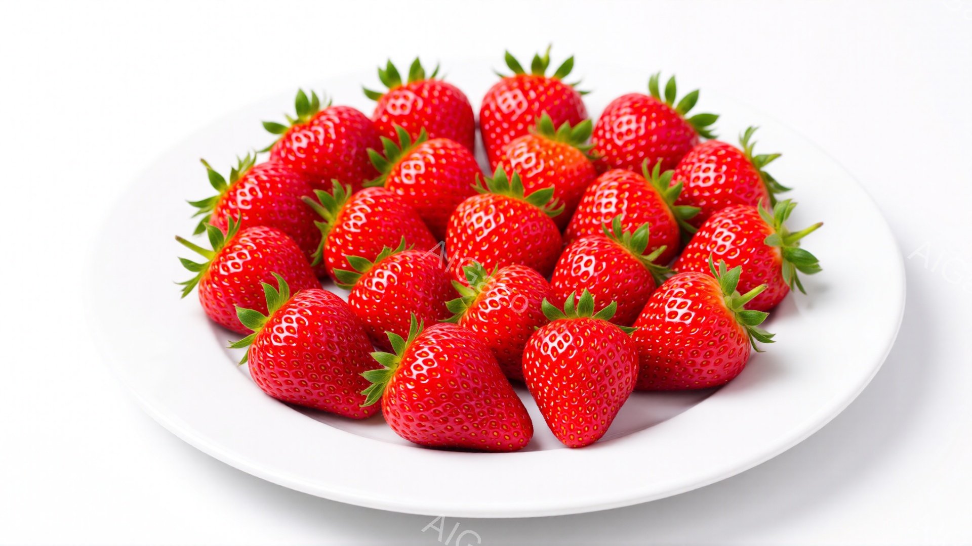 白い皿の上に、新鮮なイチゴが山のように並べられています。イチゴは鮮やかな赤色をしており、緑色の葉っぱがついていて、みずみずしい様子が伺えます。背景は白いため、イチゴの鮮やかさが際立っており、食欲をそそ - AI生成フリー素材