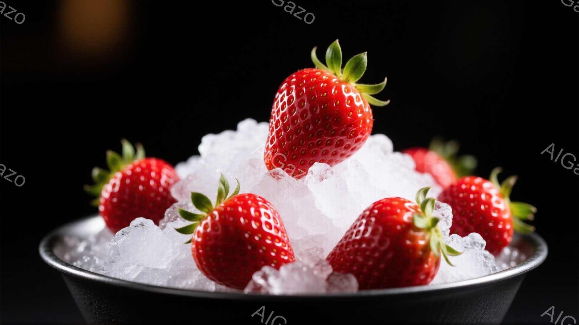 鮮やかな赤いイチゴが、砕いた氷の上に盛られています。イチゴは緑色のヘタがつき、みずみずしい質感と鮮やかな赤色が際立っています。背景は暗く、イチゴと氷のコントラストが強調され、涼しげで爽やかな印象を与えます。
