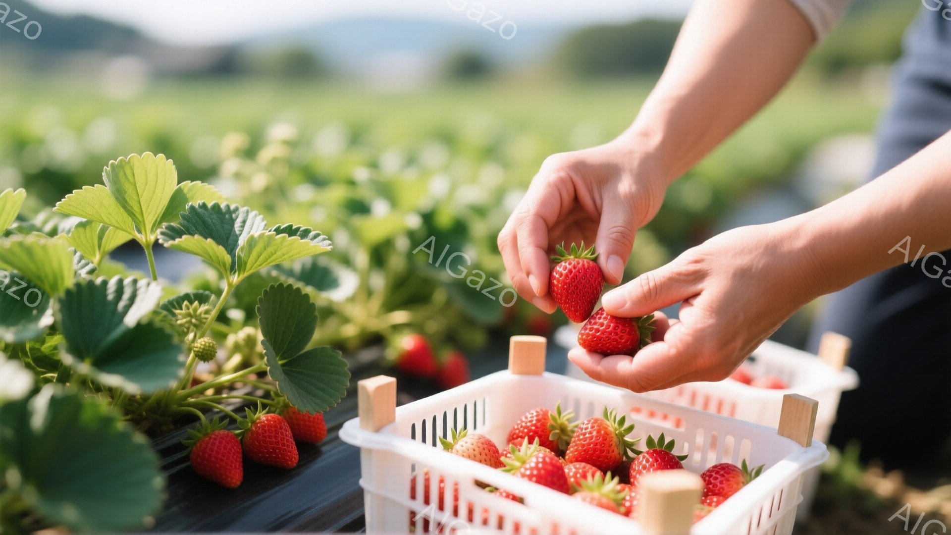 鮮やかな赤いイチゴが収穫されたプラスチックの白いケースに並べられています。手は、もう一つの完熟したイチゴをケースに置こうとしています。背景にはイチゴ畑が広がり、晴れた空の下、自然に囲まれた穏やかな雰囲気です。