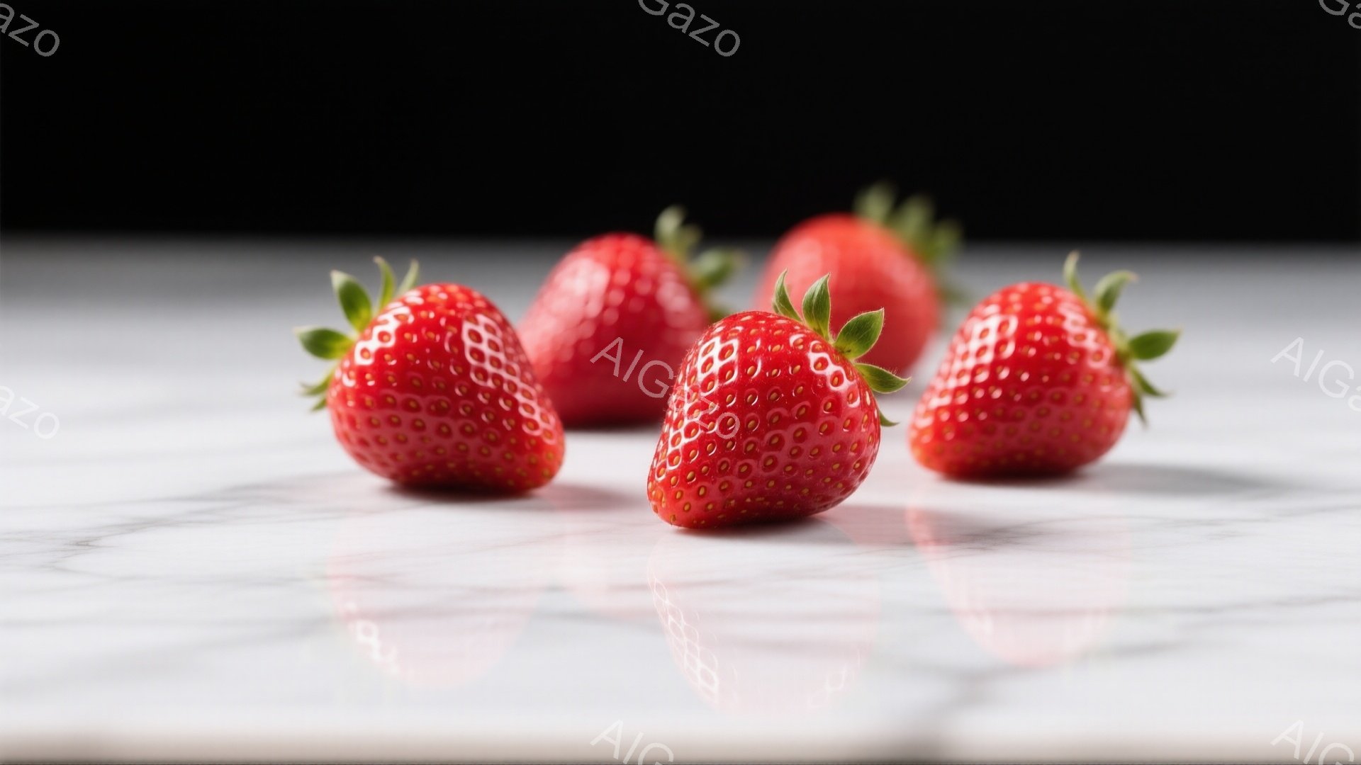 白大理石の表面に、鮮やかな赤いイチゴが四つ並んでいます。イチゴはそれぞれ緑色の葉っぱの冠を戴き、表面には小さな種が密集しています。光沢のある背景とのコントラストが、イチゴの瑞々しさを際立たせています。