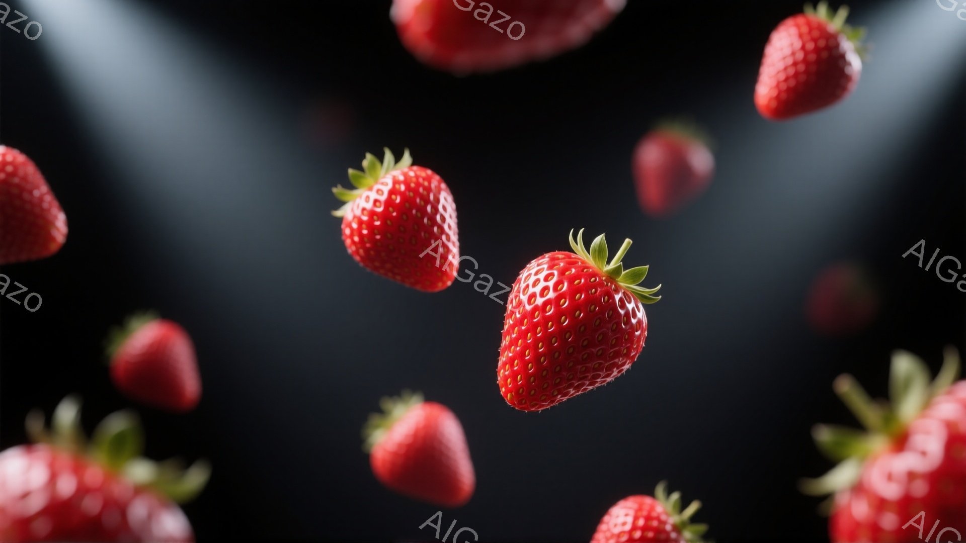 鮮やかな赤色のいちごが、黒色の背景に浮かび、まるで空中を舞っているかのような印象を与える画像です。いちごはみずみずしく、表面の種がはっきりと見え、葉っぱも鮮やかで、全体的に瑞々しい雰囲気が漂います。光が当たっている部分と影の部分のコントラストが強く、いちごの立体感が際立っています。
