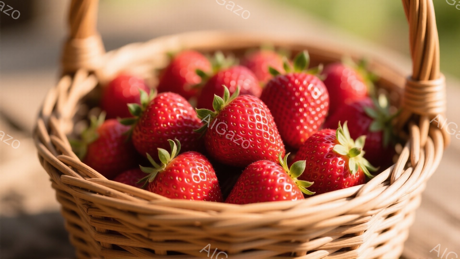 鮮やかな赤いイチゴが、編み込まれた茶色の籠の中にたくさん詰まっています。イチゴは瑞々しく、緑色の葉っぱが付いており、新鮮さを強調しています。背景はぼやけており、木製のテーブルのようなものがうっすらと見え、全体的に暖かく、自然な雰囲気を醸し出しています。