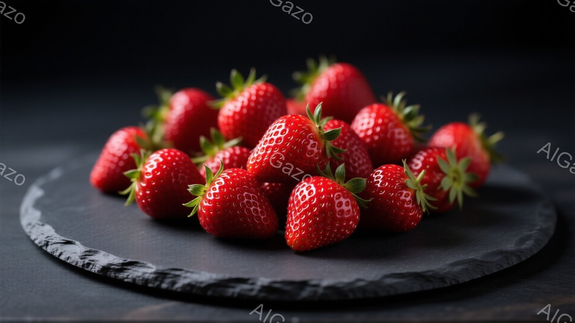 鮮やかな赤色のいちごが、黒色のスレート盤の上にぎっしりと並べられています。それぞれのいちごは瑞々しく、葉っぱも鮮やかで、美味しさを引き立てています。背景は暗く、いちごの赤色が際立っており、全体的に上品で食欲をそそる雰囲気です。