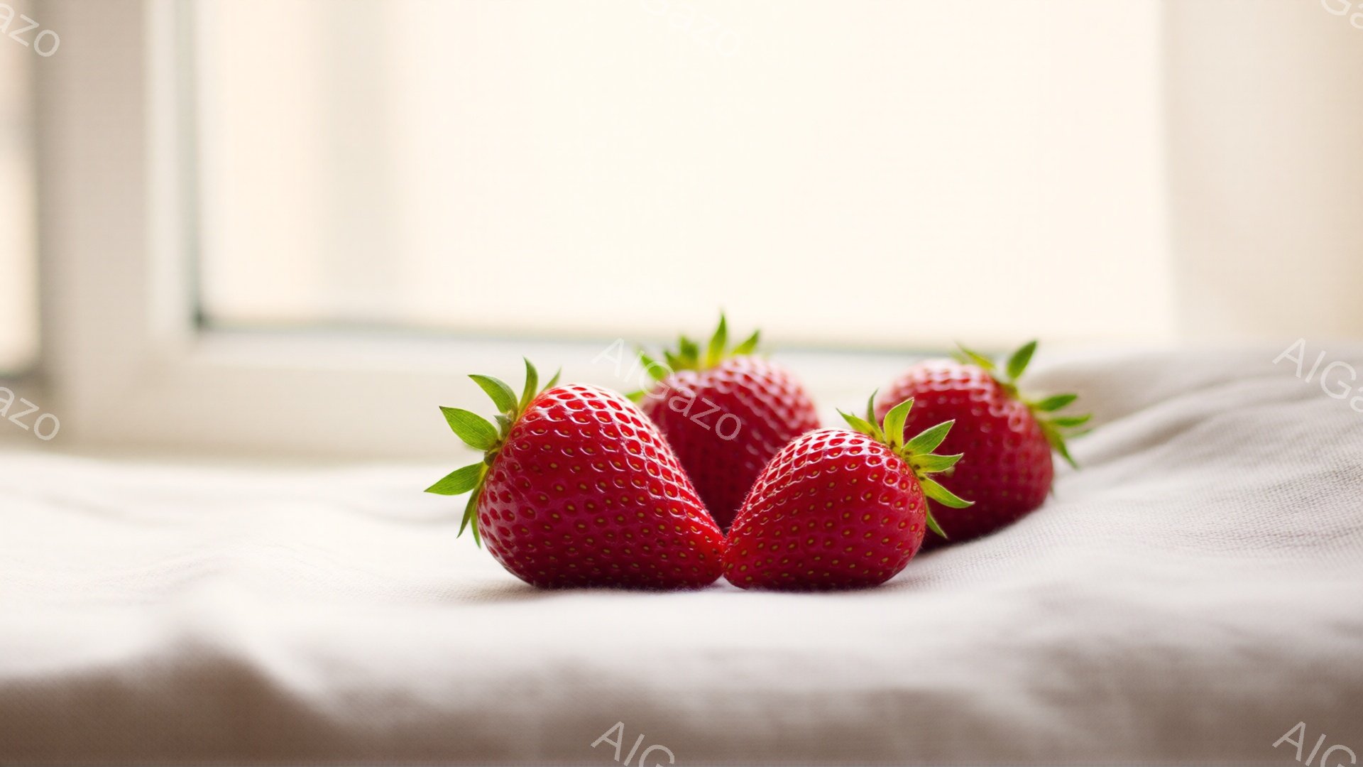 画像には、白く波打つ布の上に置かれた四つの鮮やかな赤いイチゴが写っている。イチゴはそれぞれ緑色の葉が付いており、光沢があり、みずみずしい質感であることがわかる。背景はぼやけており、自然光が柔らかく差し込んでいるため、全体的に穏やかで優しい雰囲気が漂っている。